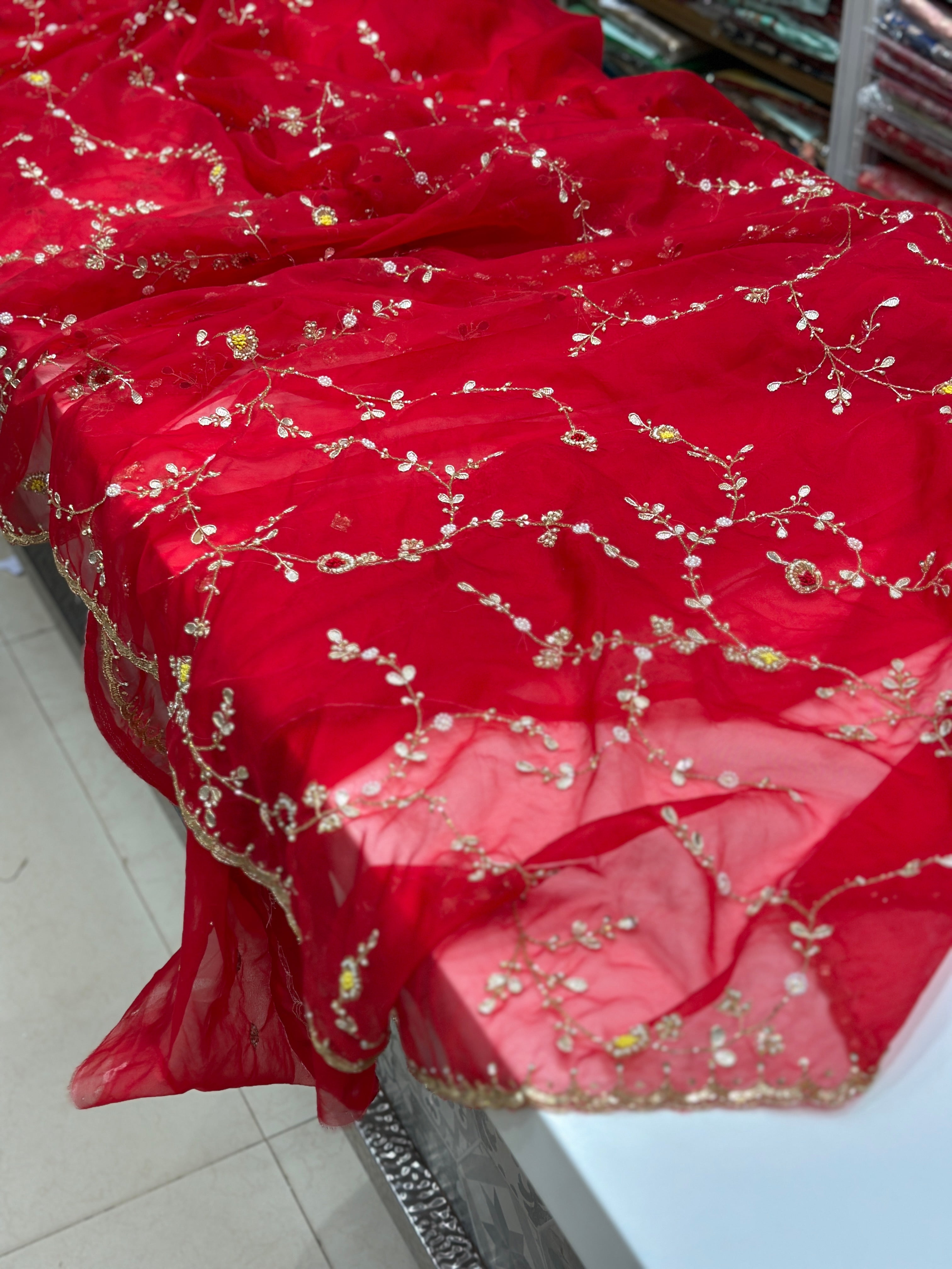 Red Organza Hand Embroidery Saree