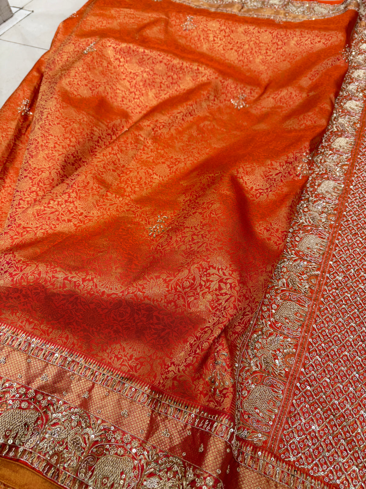 Rust Orange Kanjivaram Elephant Motifs Zardosi Hand Embroidery Saree