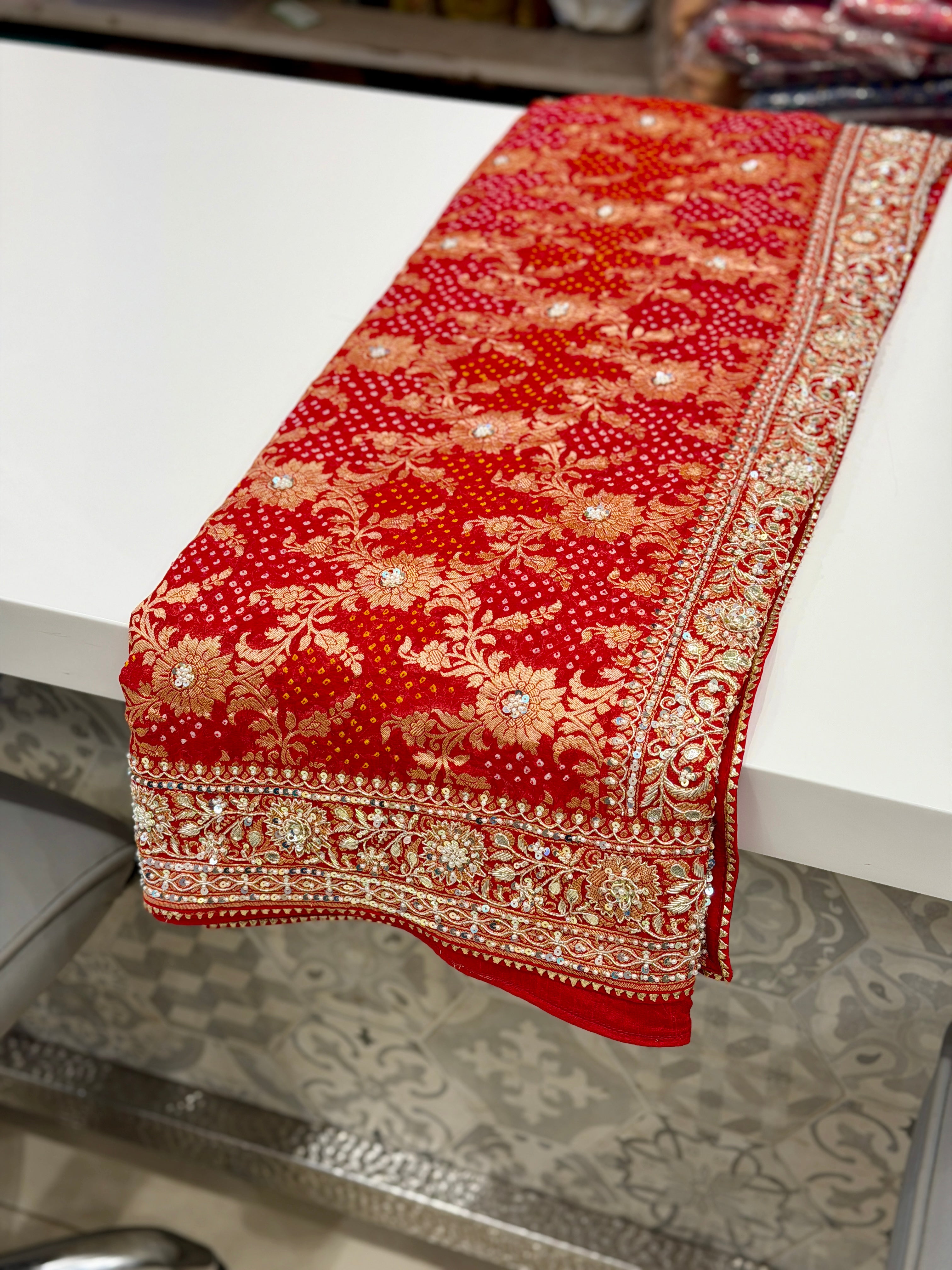 Red Bandhej Zardosi Hand Embroidery Saree