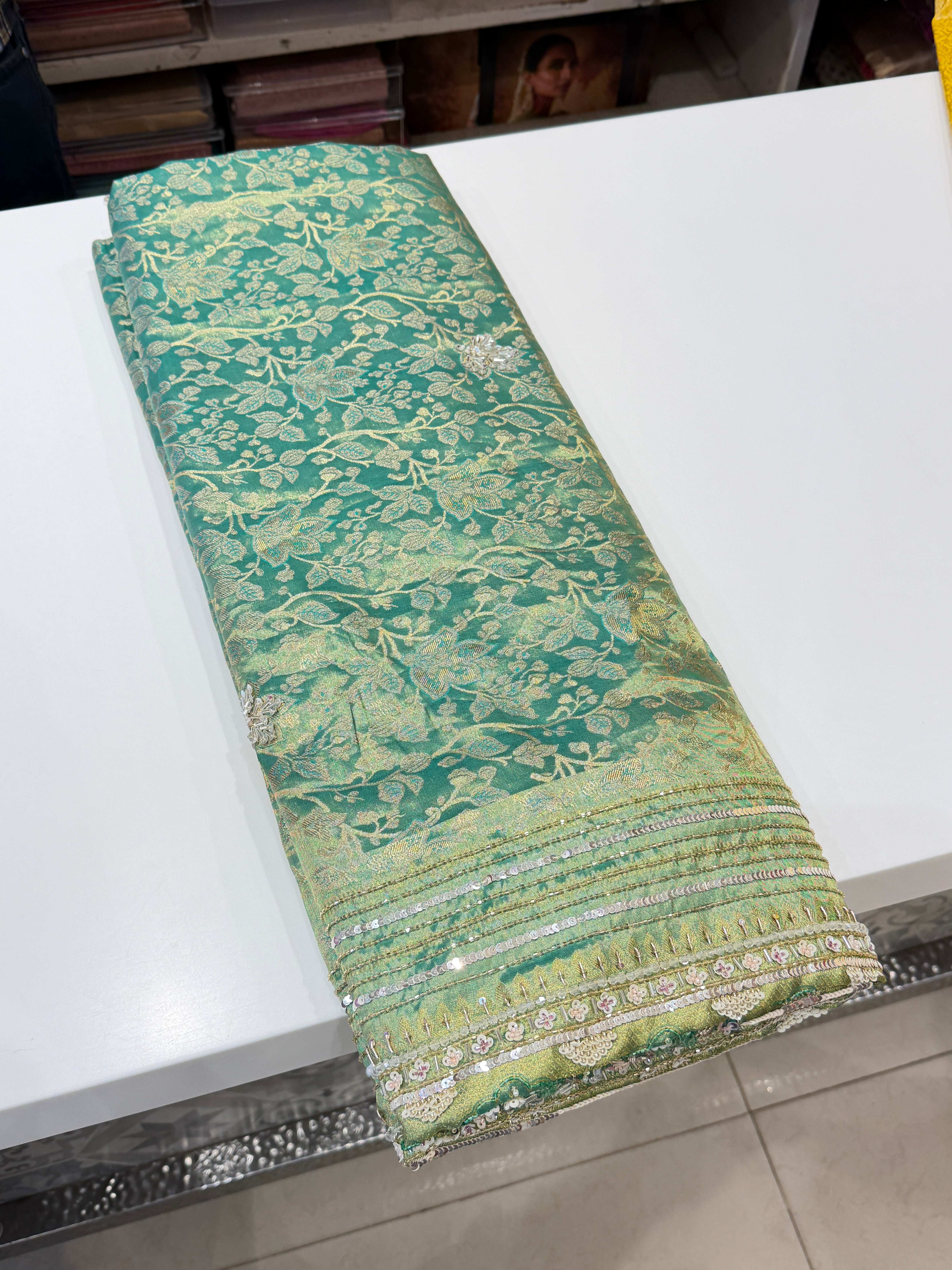 Green Floral Tissue Kanjivaram Hand Embroidery Saree