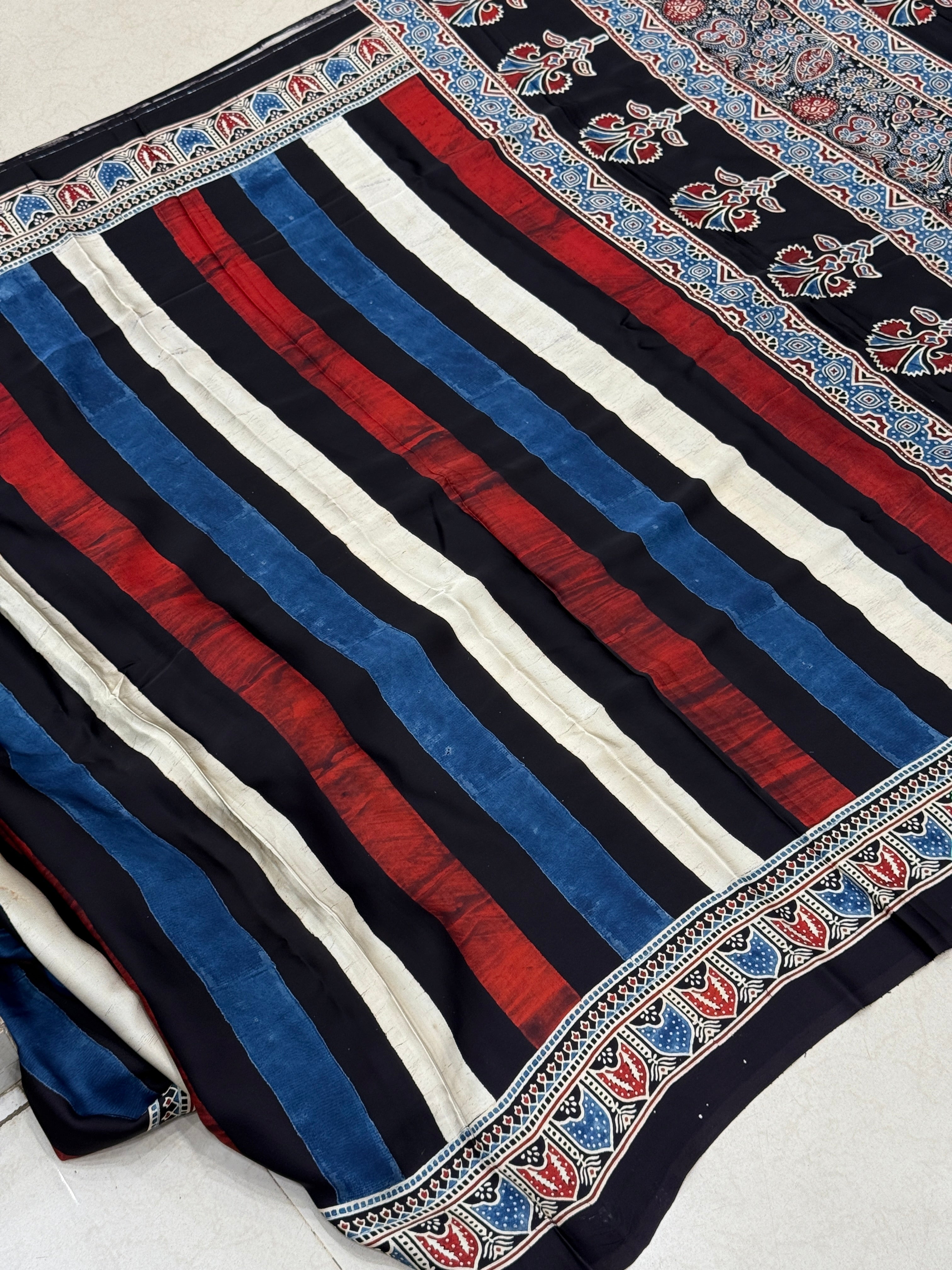 Contemporary Multi Ajrakh Block Print Hand Pure Gajji Silk Saree