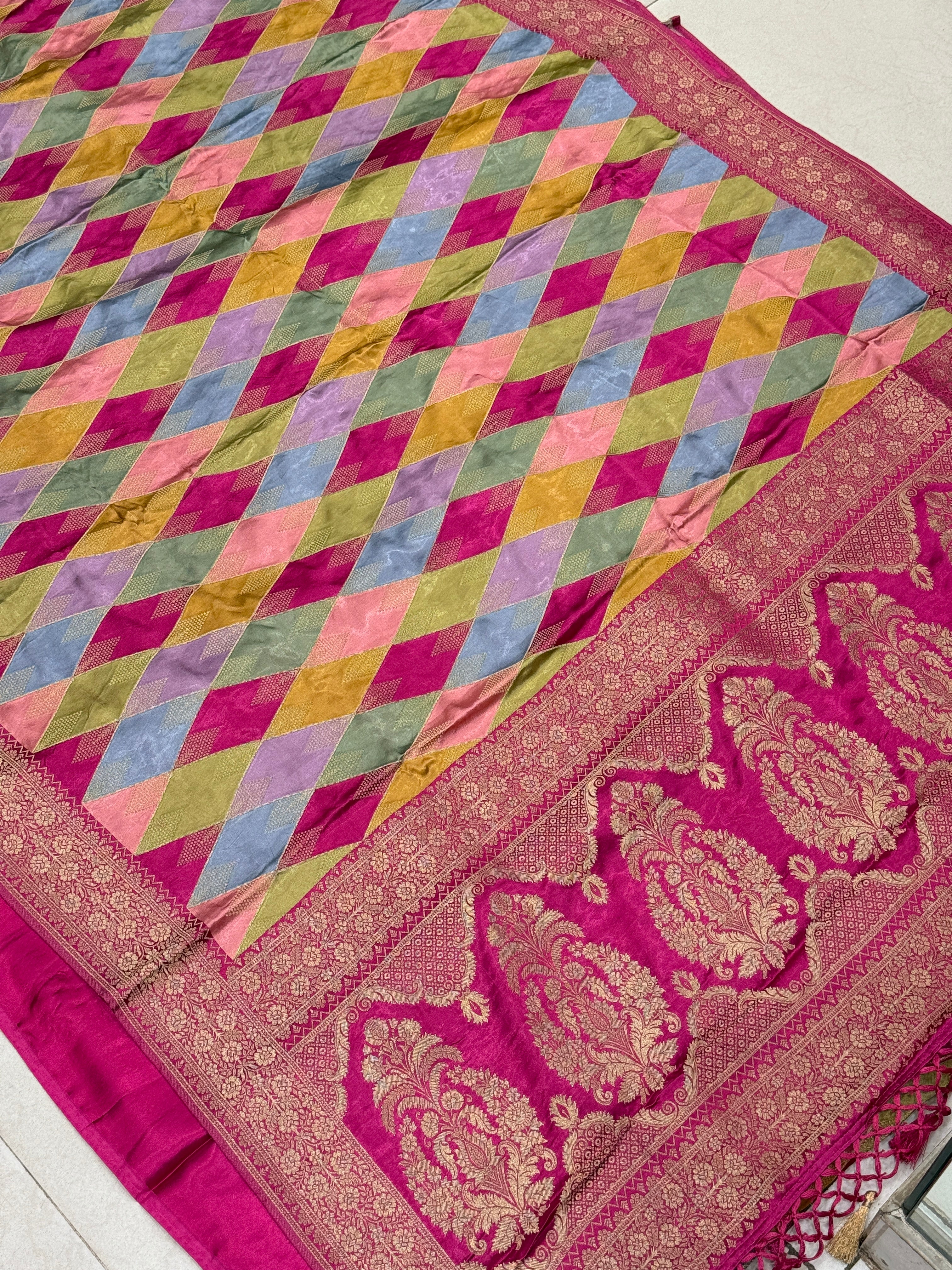 Yellow Rani Contemporary Kaju Katli Design Banarasi Modal Satin Rangkat Saree
