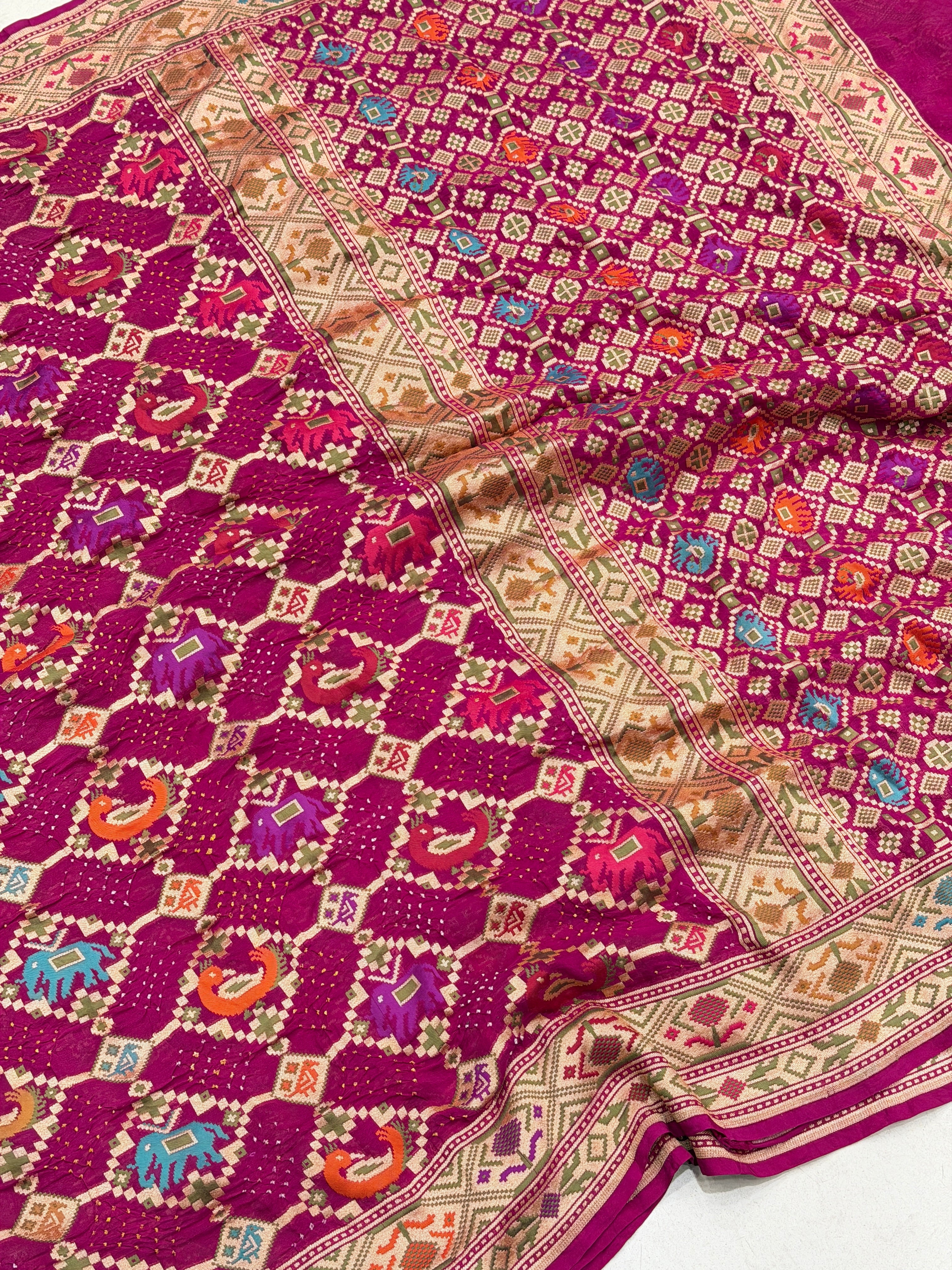 Wine Meenakari Pure Handloom Patola Style Rai Bandhej Georgette Saree