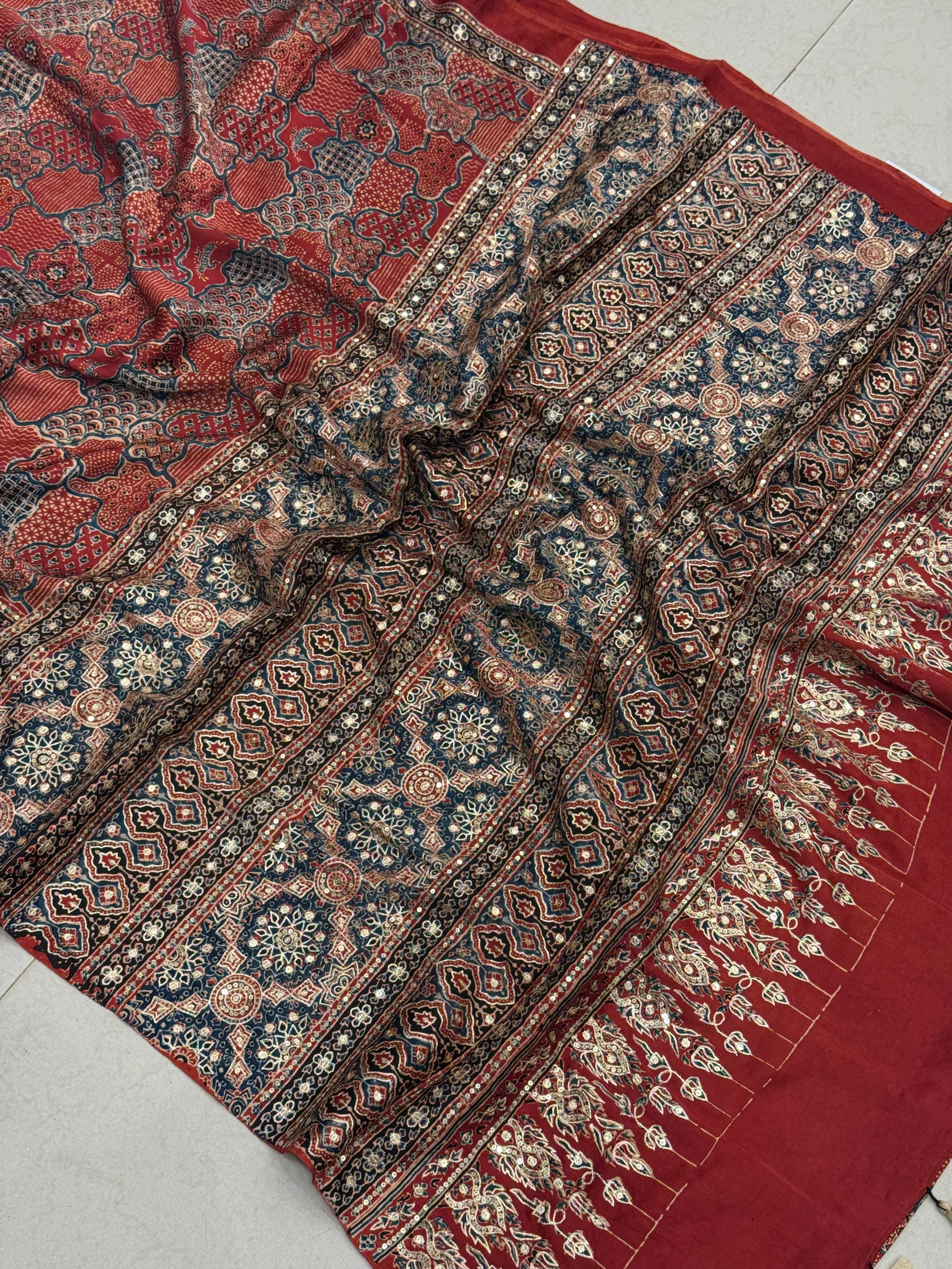 Red Blue Abstract Pita Sequin Ajrakh Hand Embroidery Saree