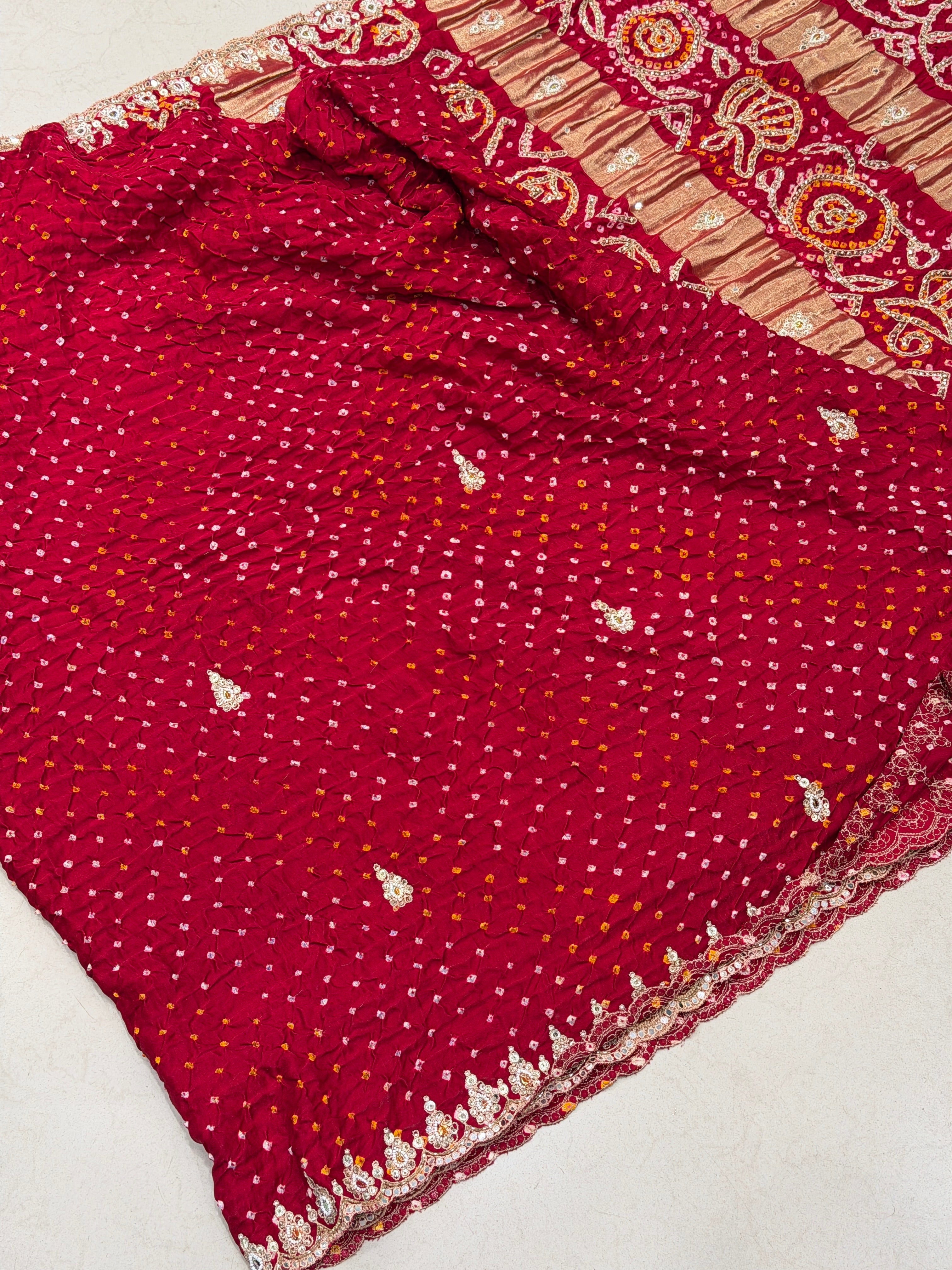 Maroon Half Half Gajji Silk Rai Bandhej Tila Hand Embroidery Saree