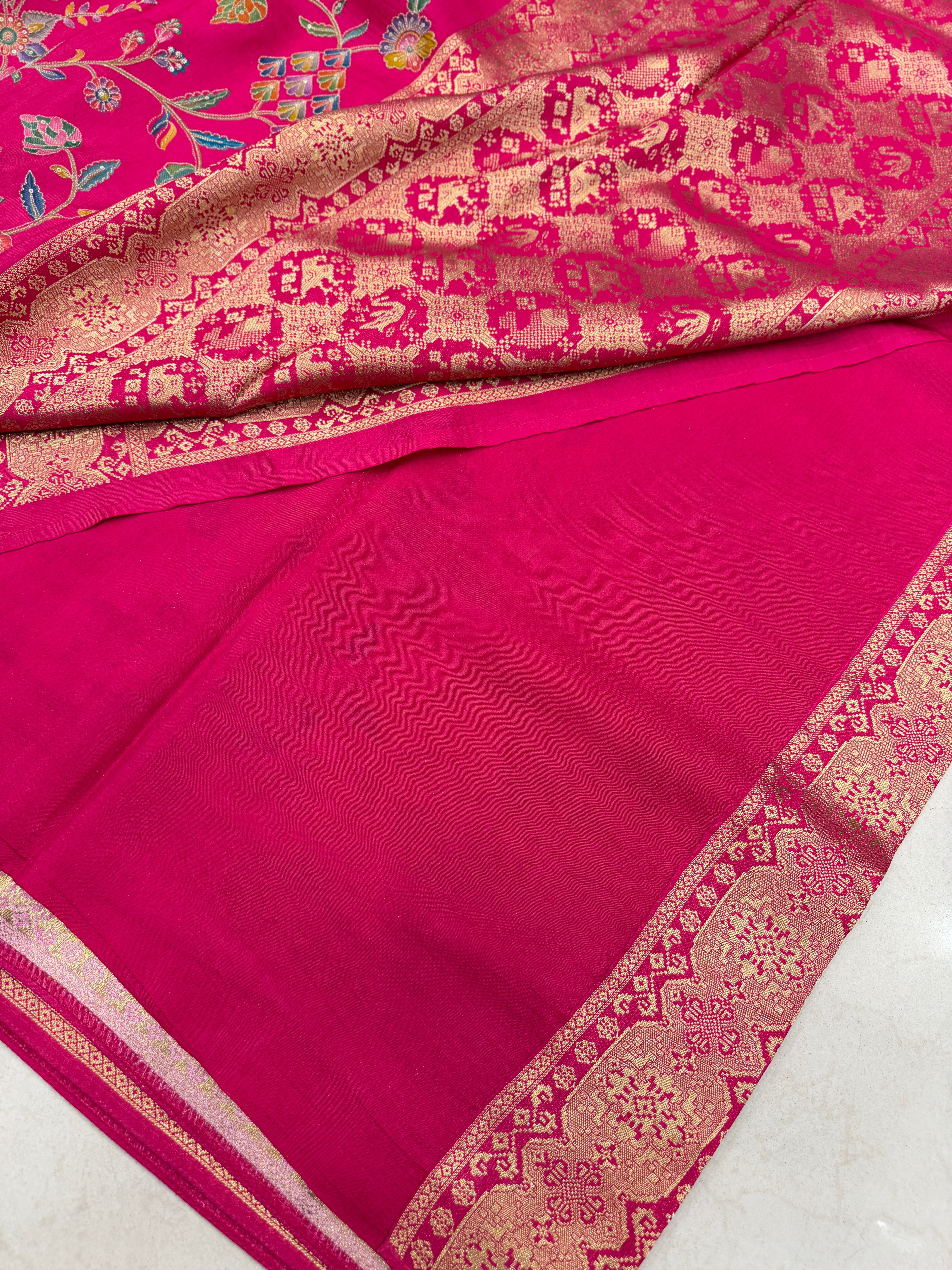 Rani Pink Patola Pallu Banarasi Munga Pita Embroidery Saree