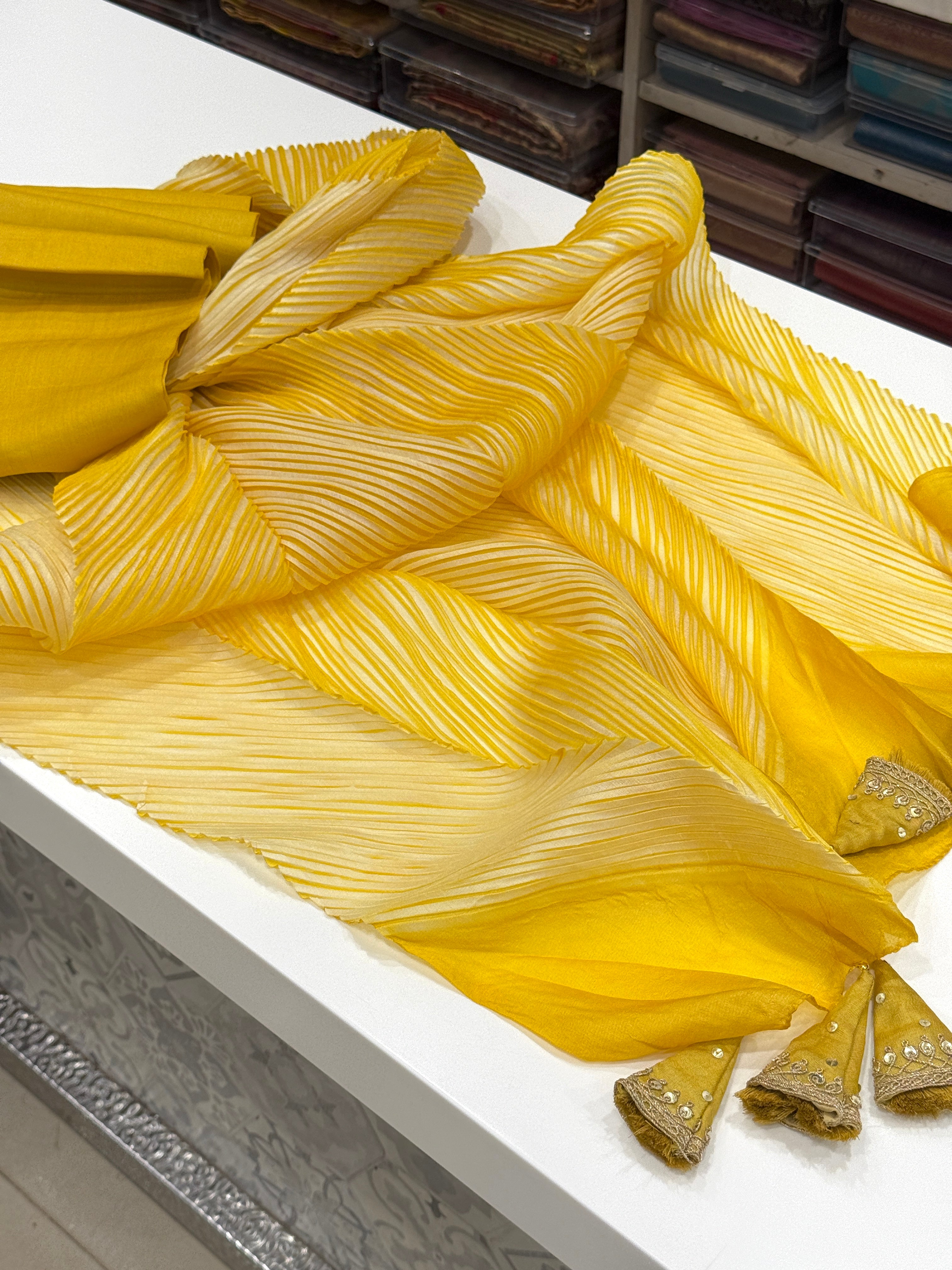 Yellow Crushed Tussor with Ready Blouse Saree