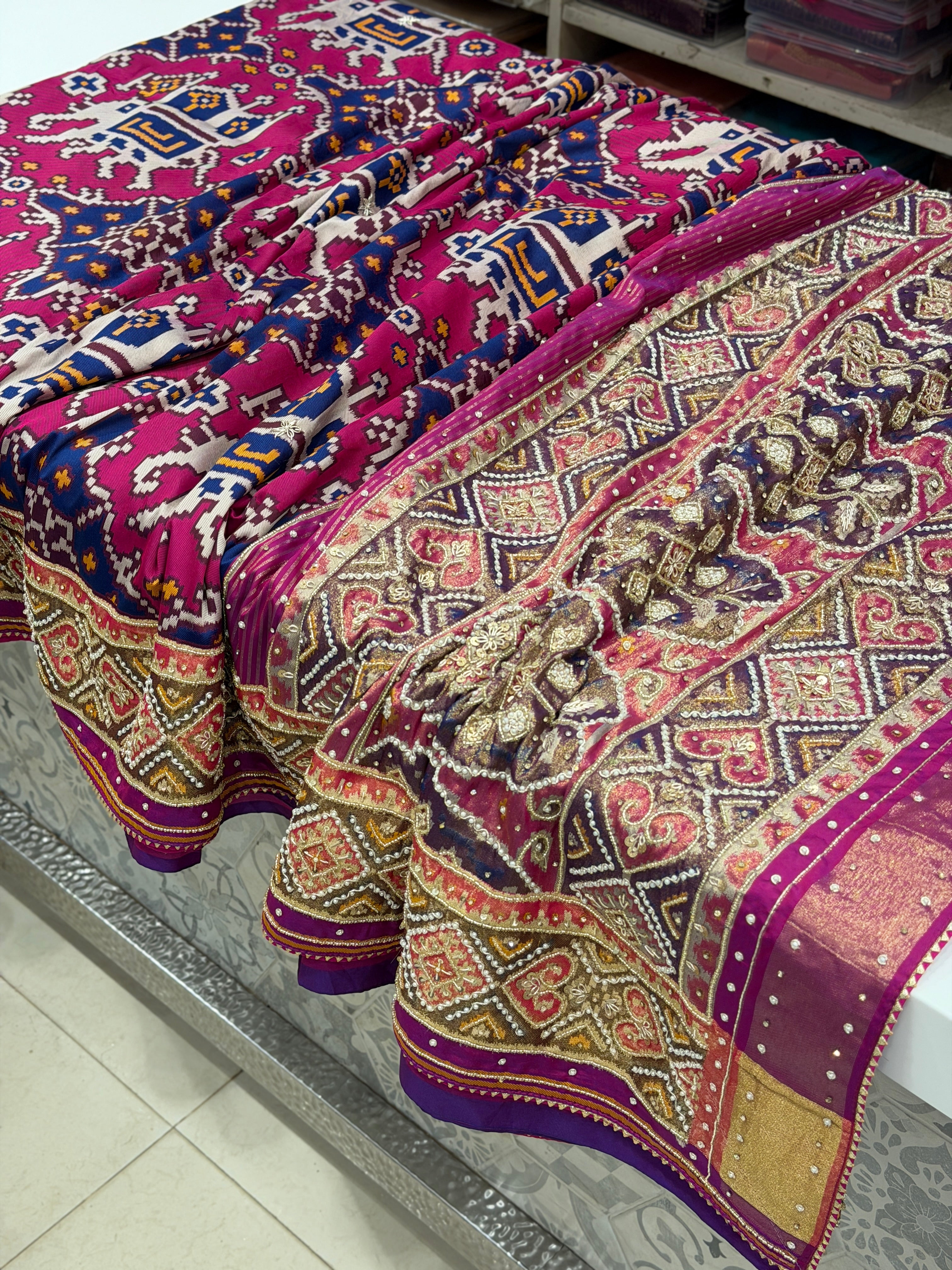 Blue Magenta Chabdi Elephant Patola Zardosi Hand Embroidery Saree