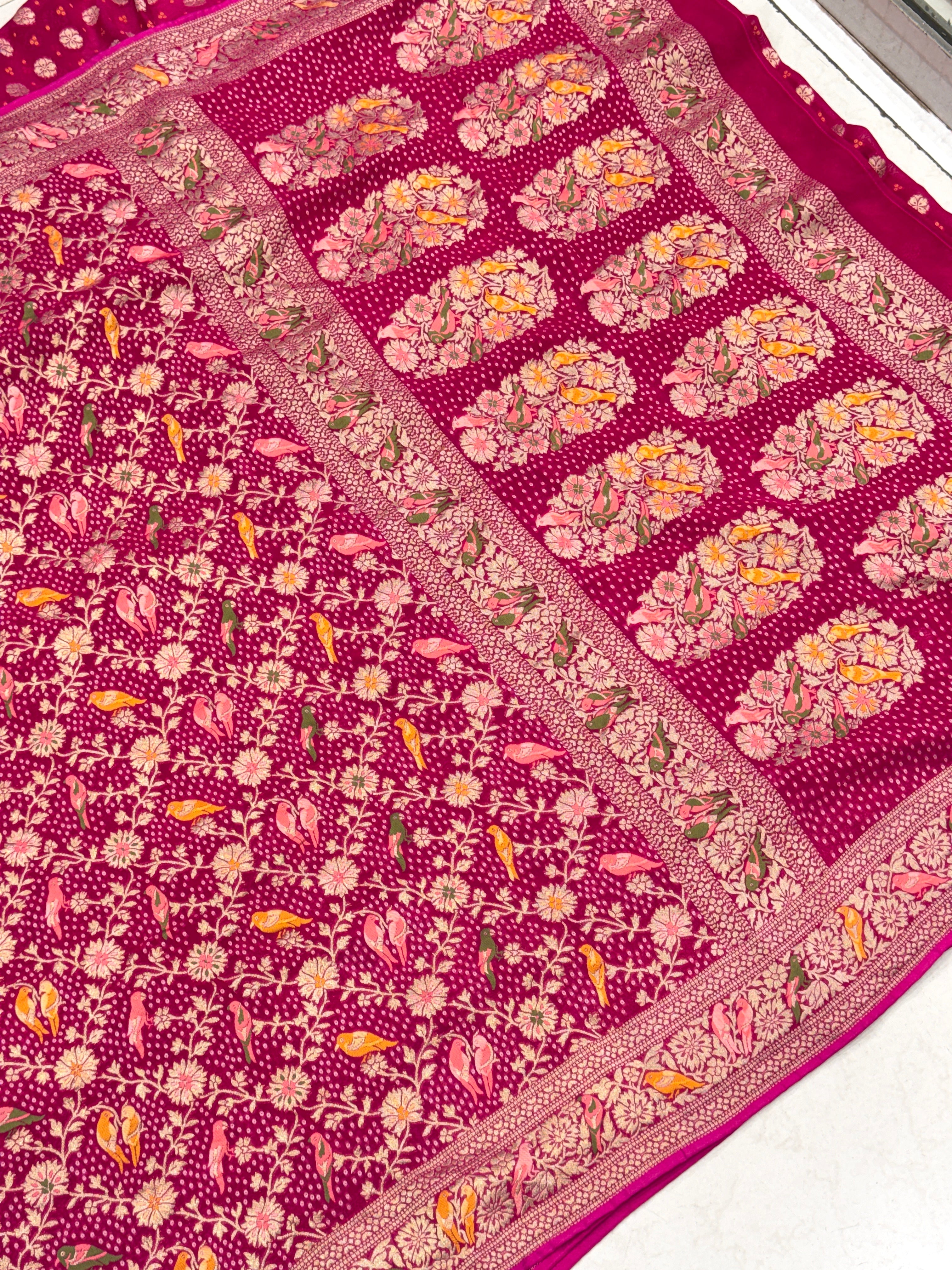 Rani Woven Bandhej Meenakari Parrot Motif Saree