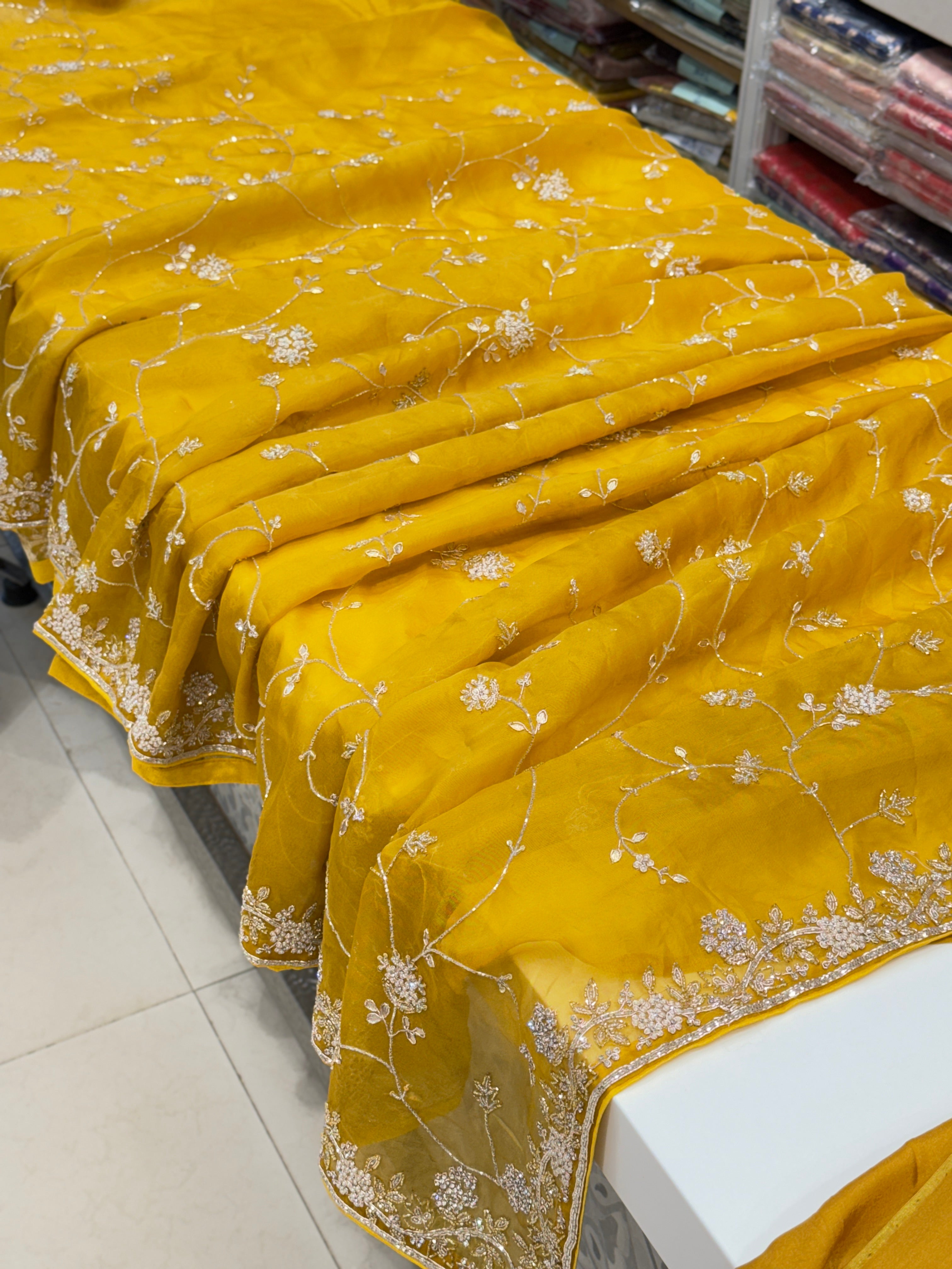 Mustard Yellow Pure Organza Saree