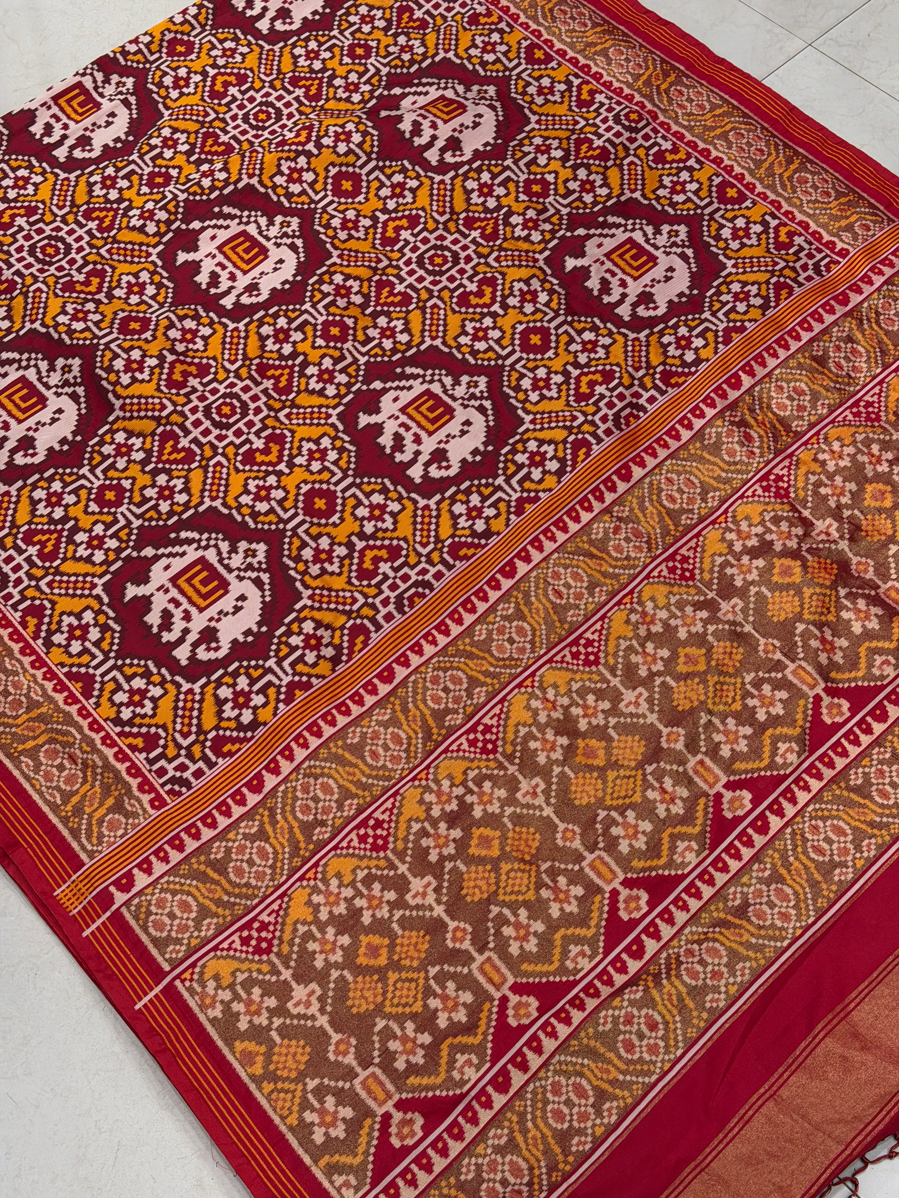 Maroon Mustard Semi Silk Weaved Patan Patola Saree