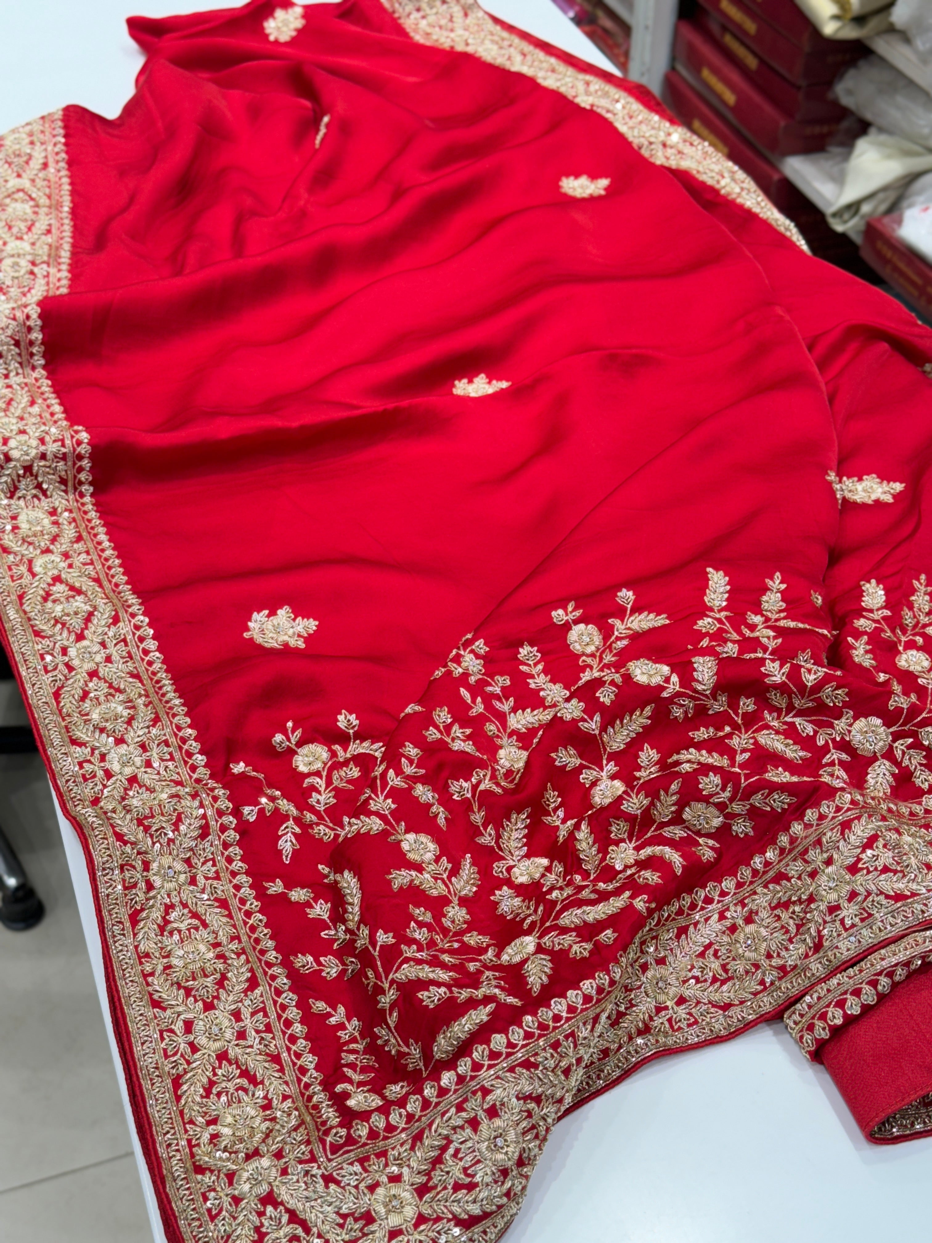 Red Satin Zardosi Saree