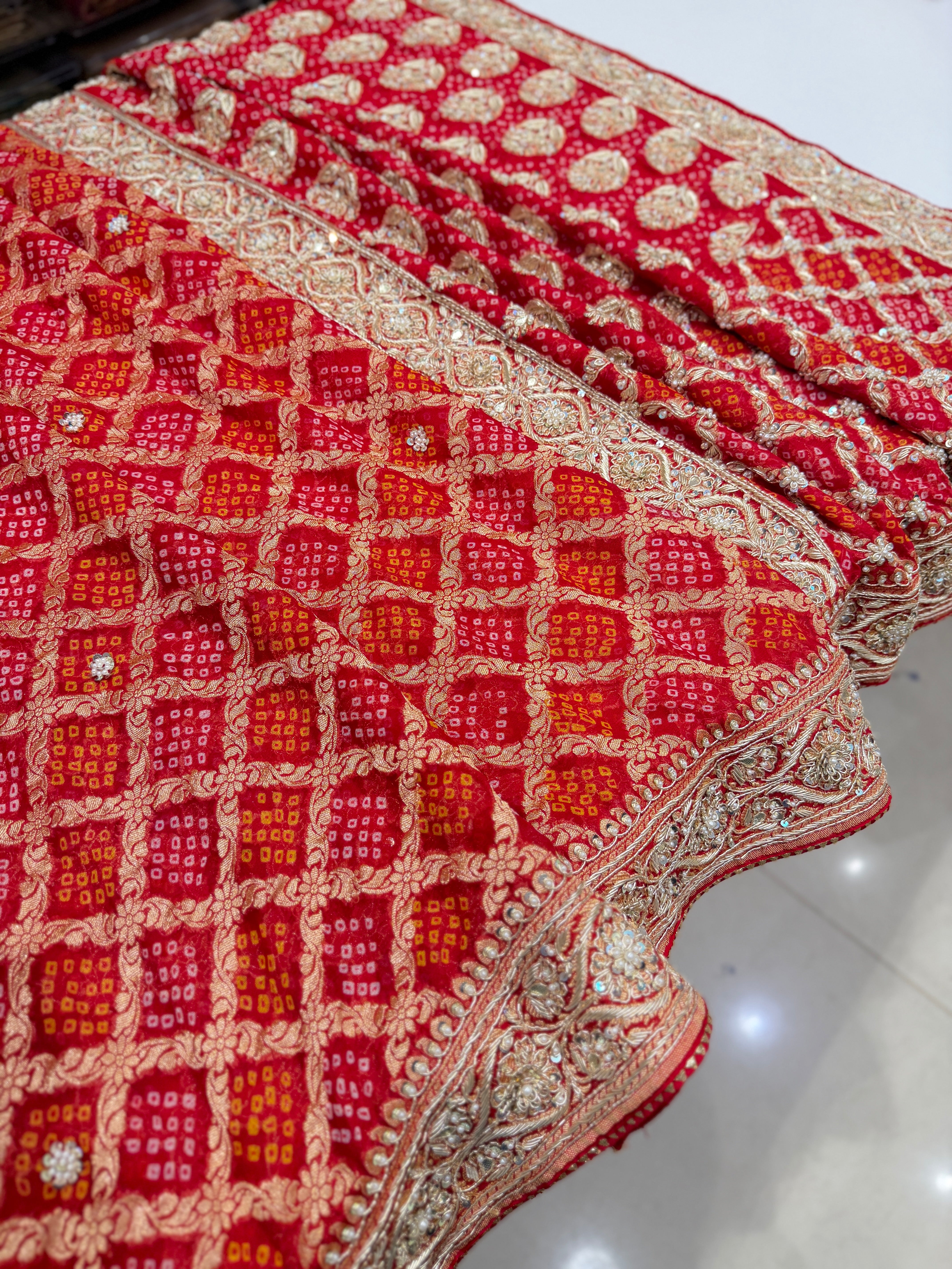 Red Rai Bandhej Georgette Saree Zardosi Hand Embroidery Saree