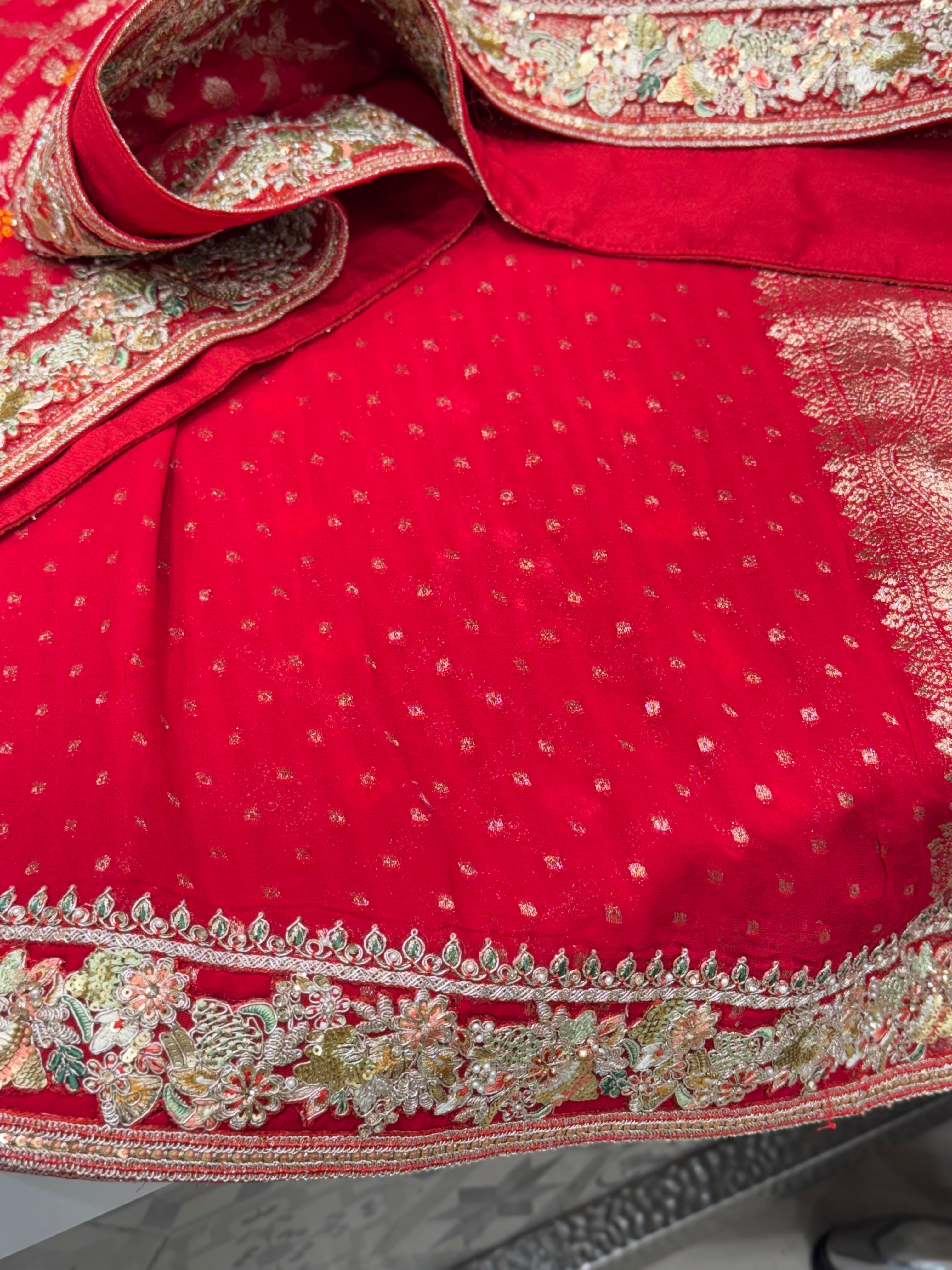 Red Gharchola Floral Embroidered Border Saree