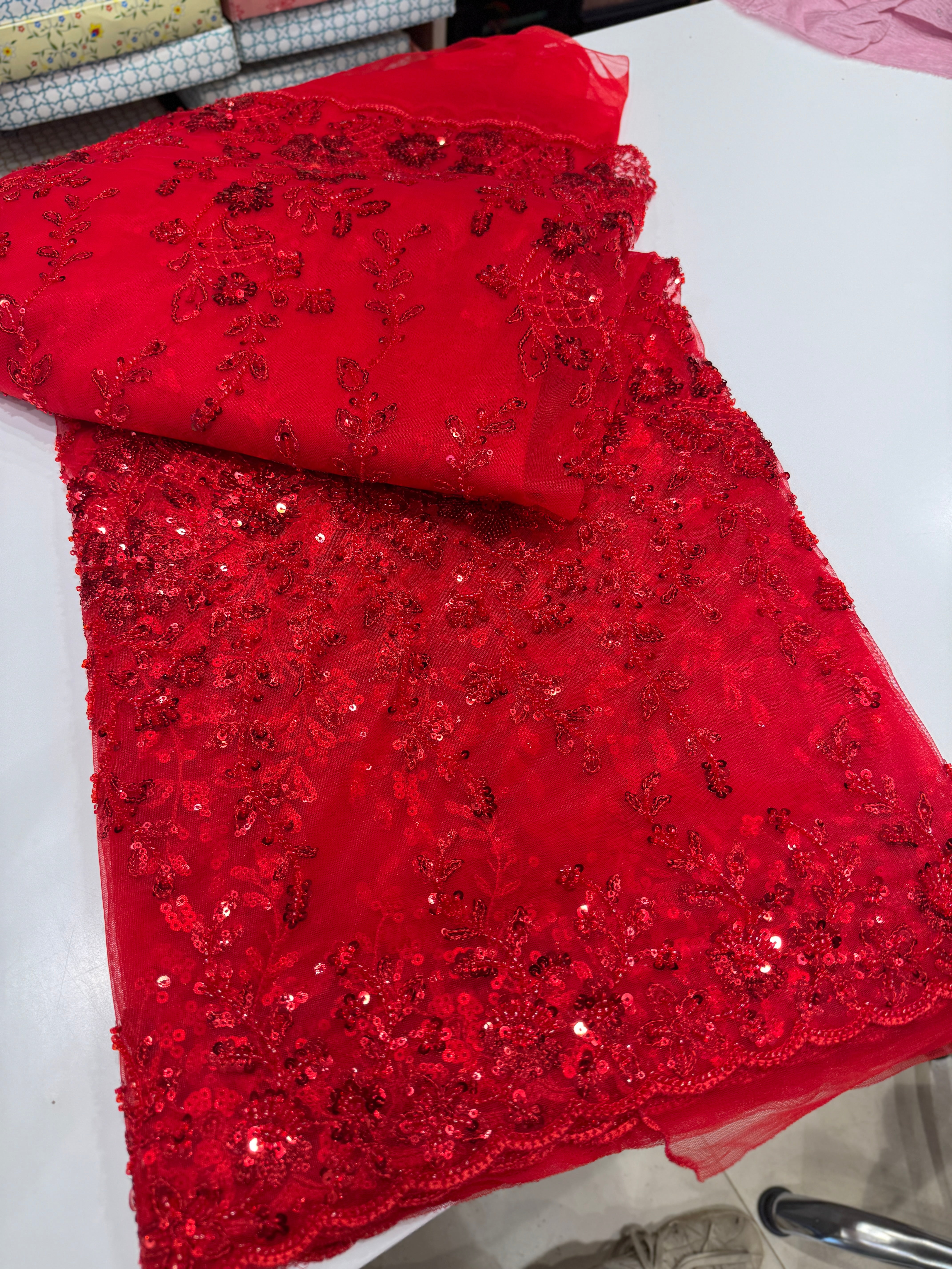 Red Net Embroidery Sequin Saree