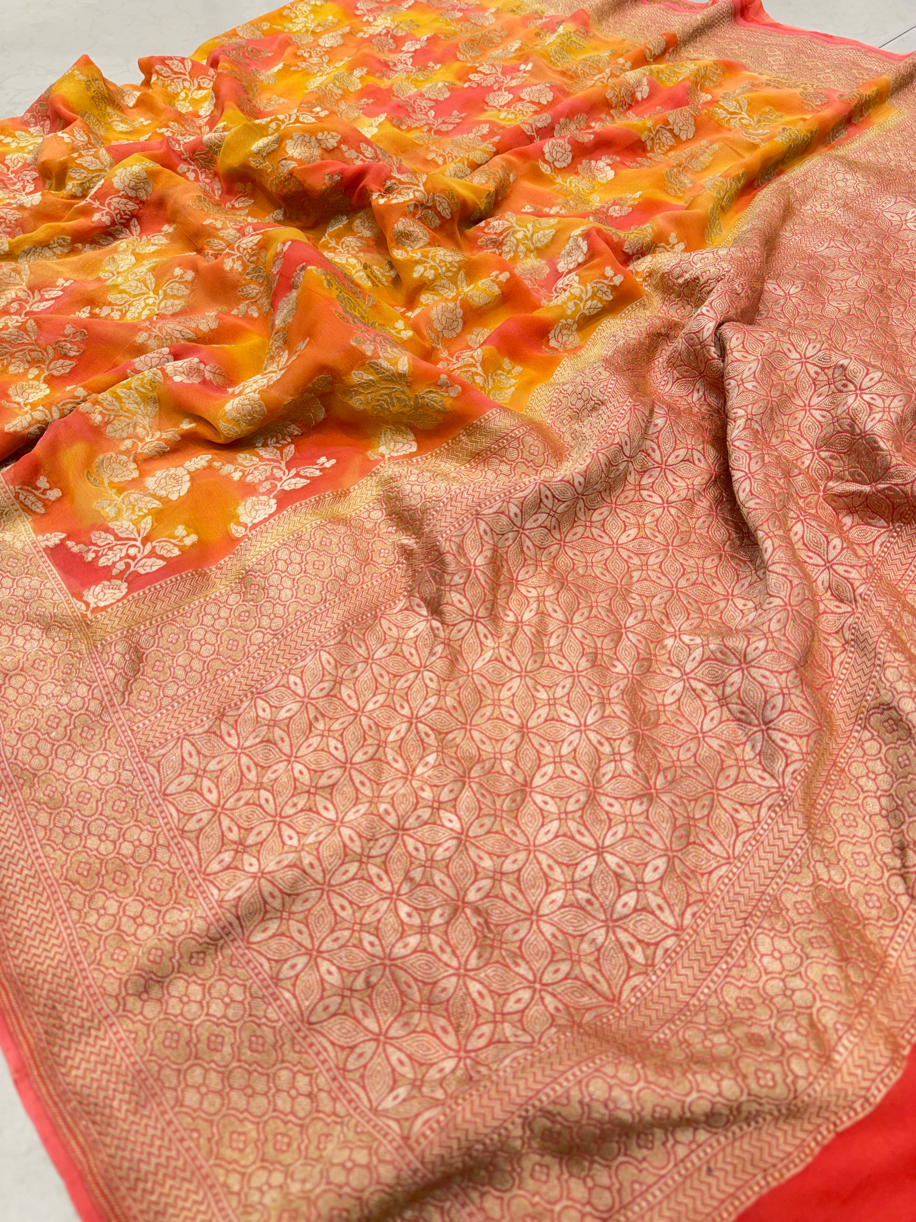 Orange Shaded Rose Jaal Handloom Banarasi Khaddi Georgette Saree