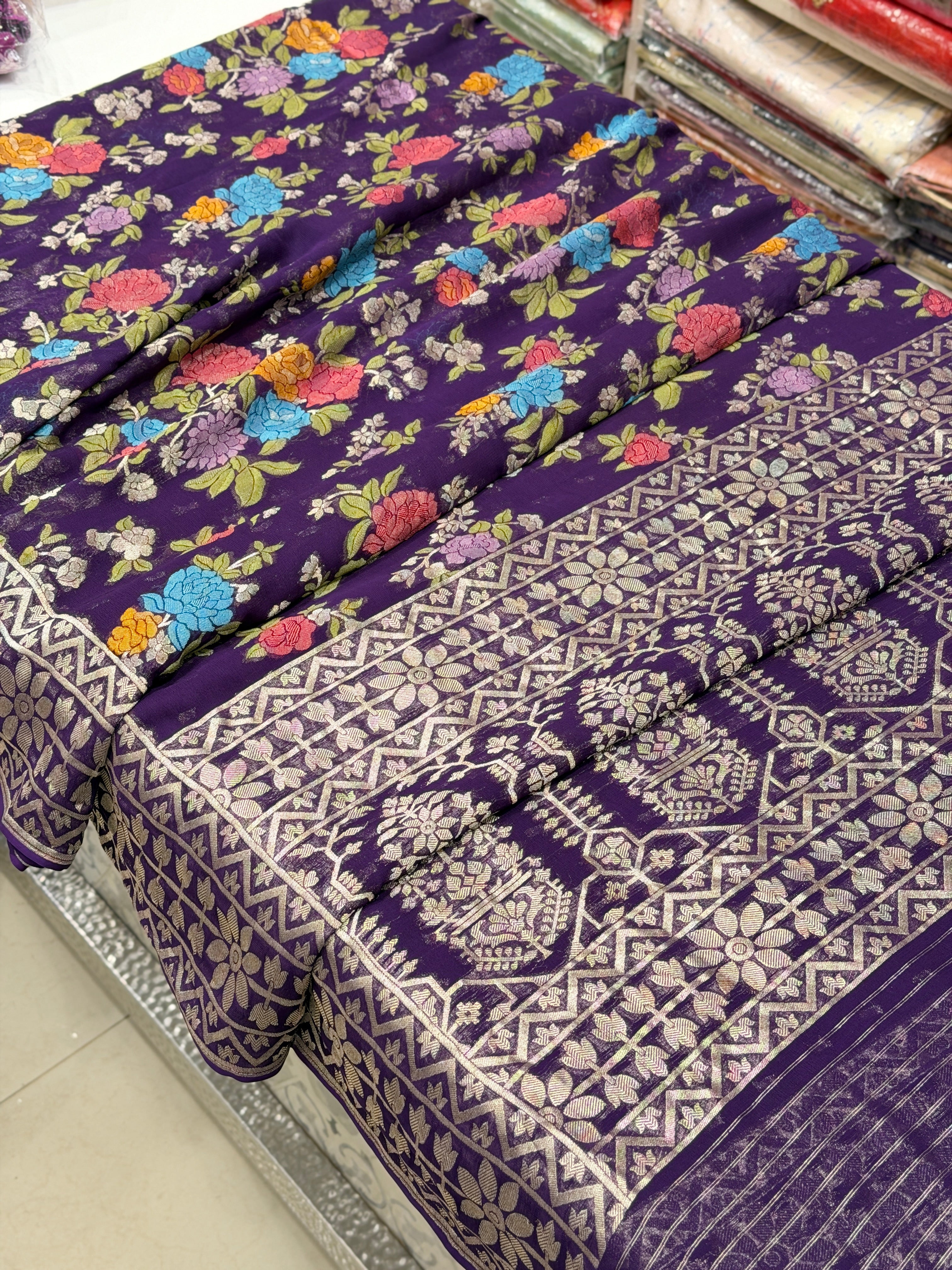 Violet Meenakari Floral Banarasi Khaddi Georgette Saree