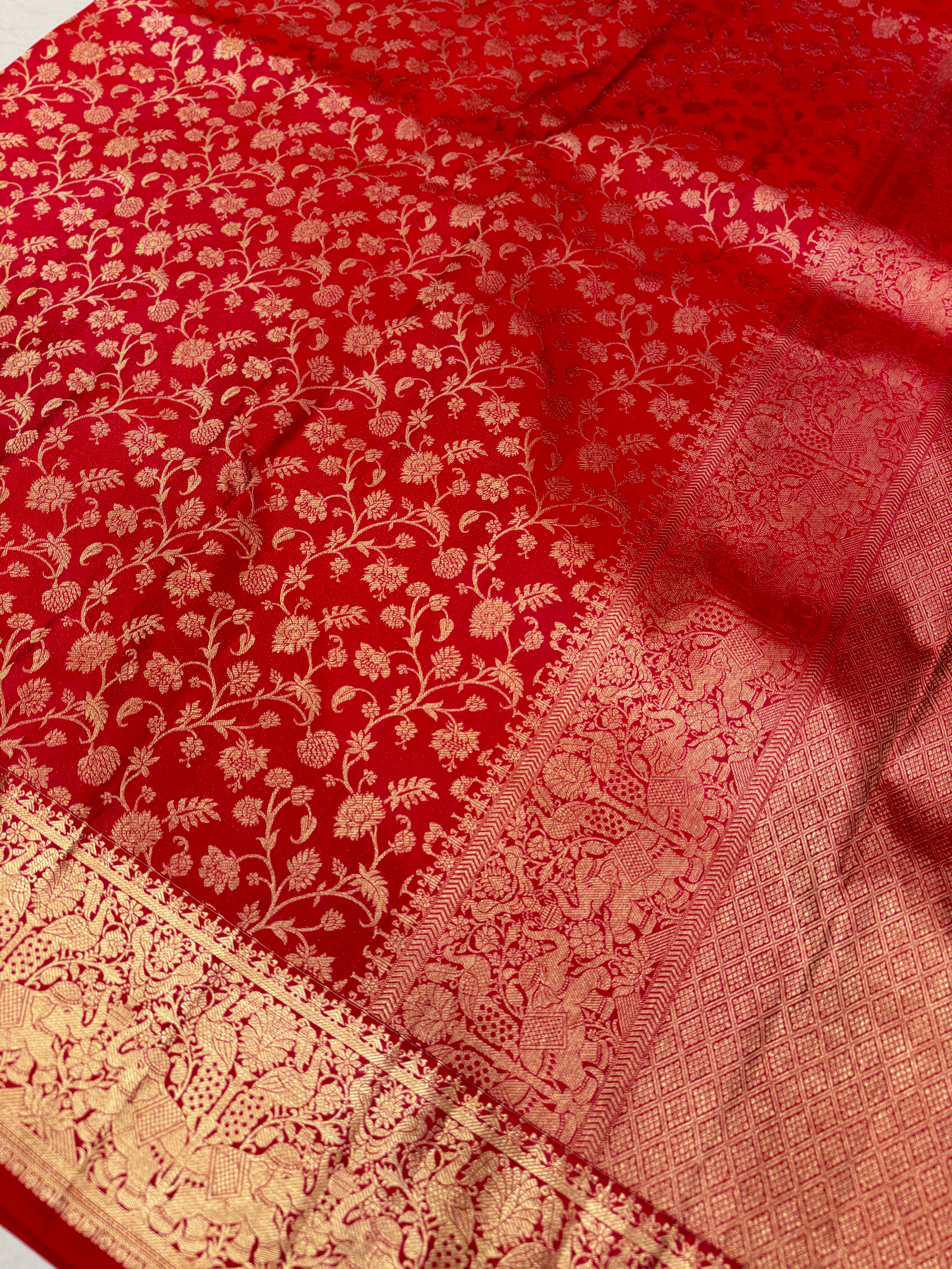 Cross Red Pure Silk Elephant Motif Kanjivaram Saree