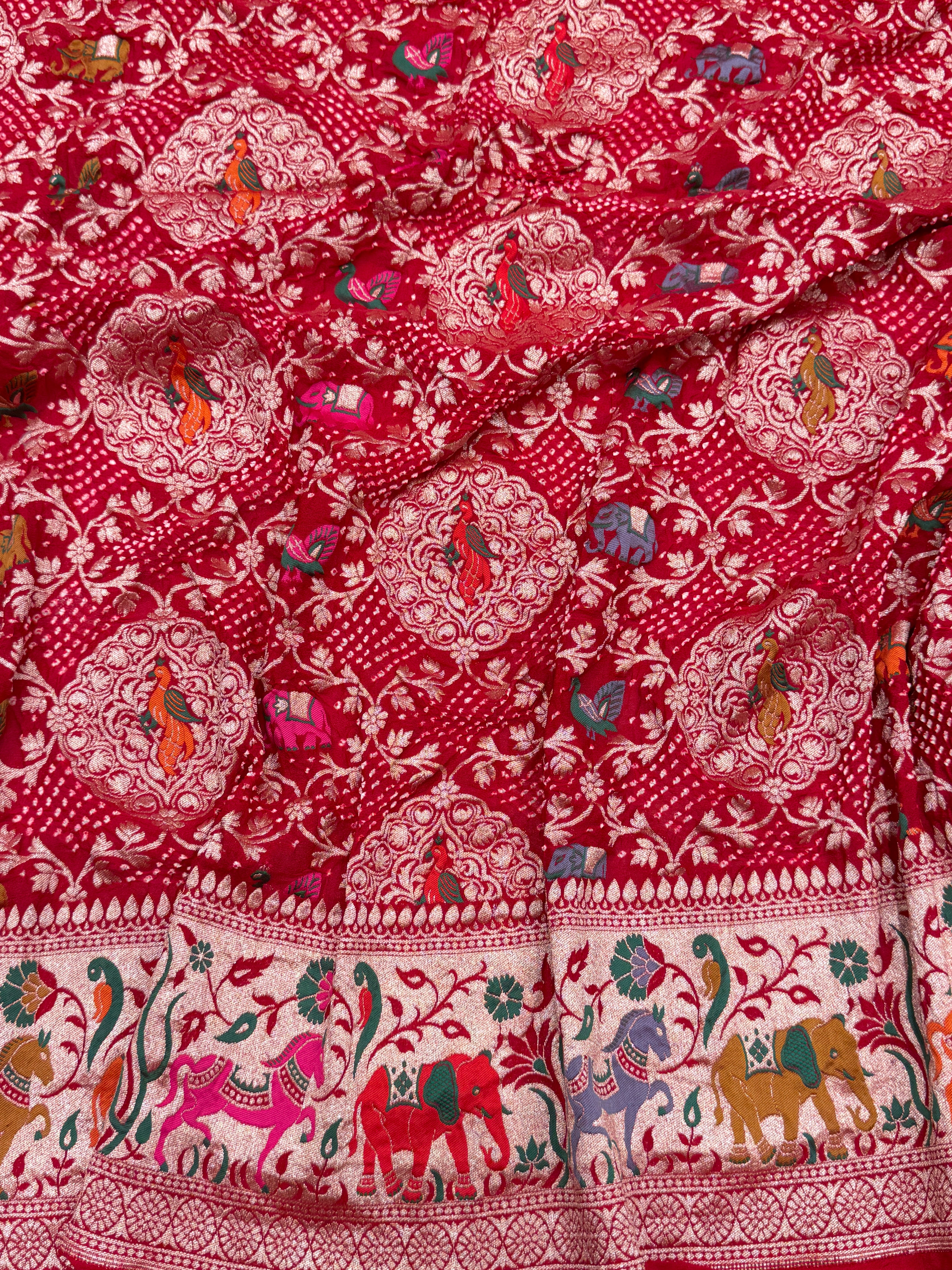 Red Handloom Meenakari Rai Bandhej Pure Zari Dupatta