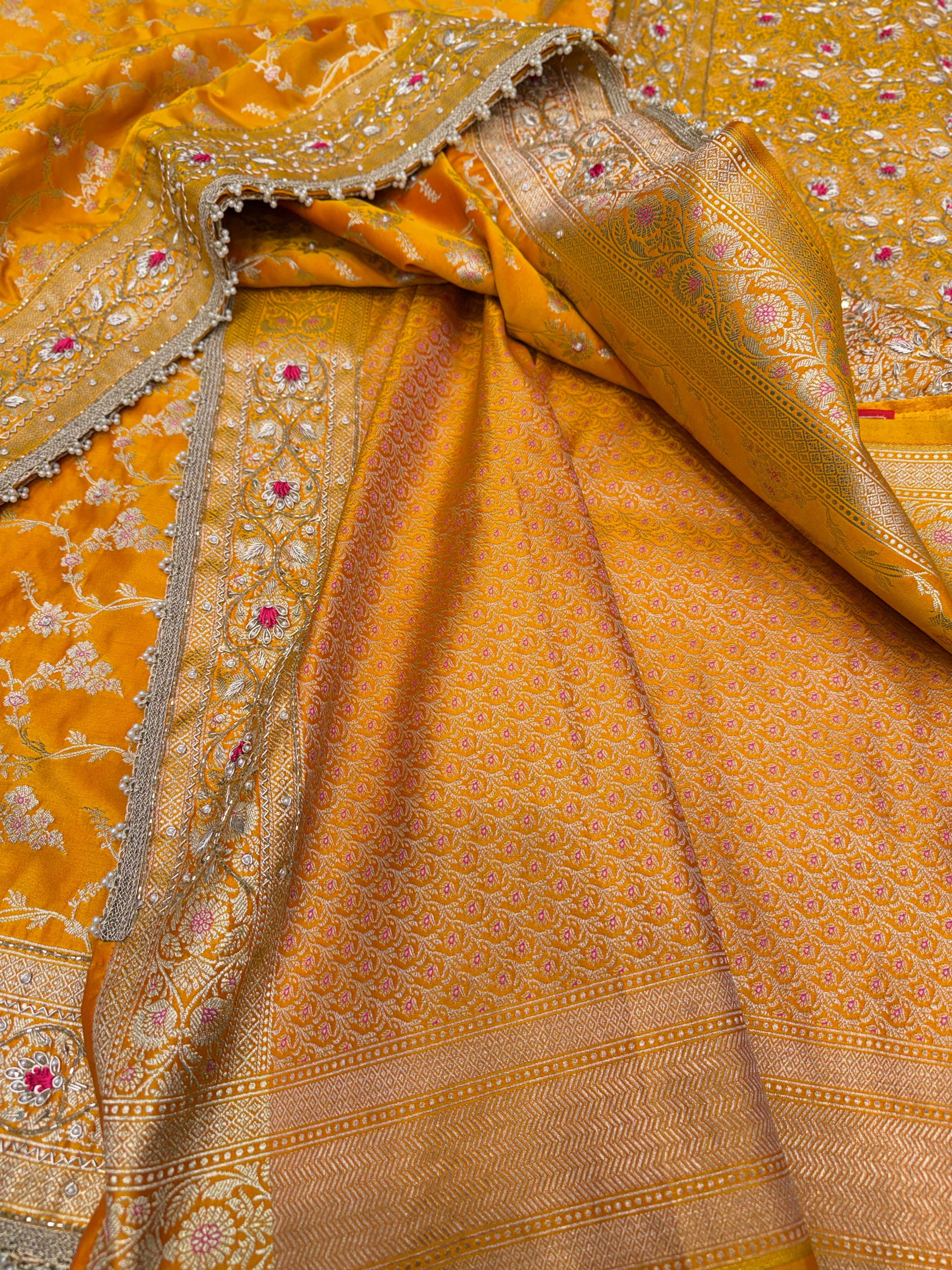 Mango Yellow Banarasi Jasmine Jaal Contrast Resham Embroidery Saree