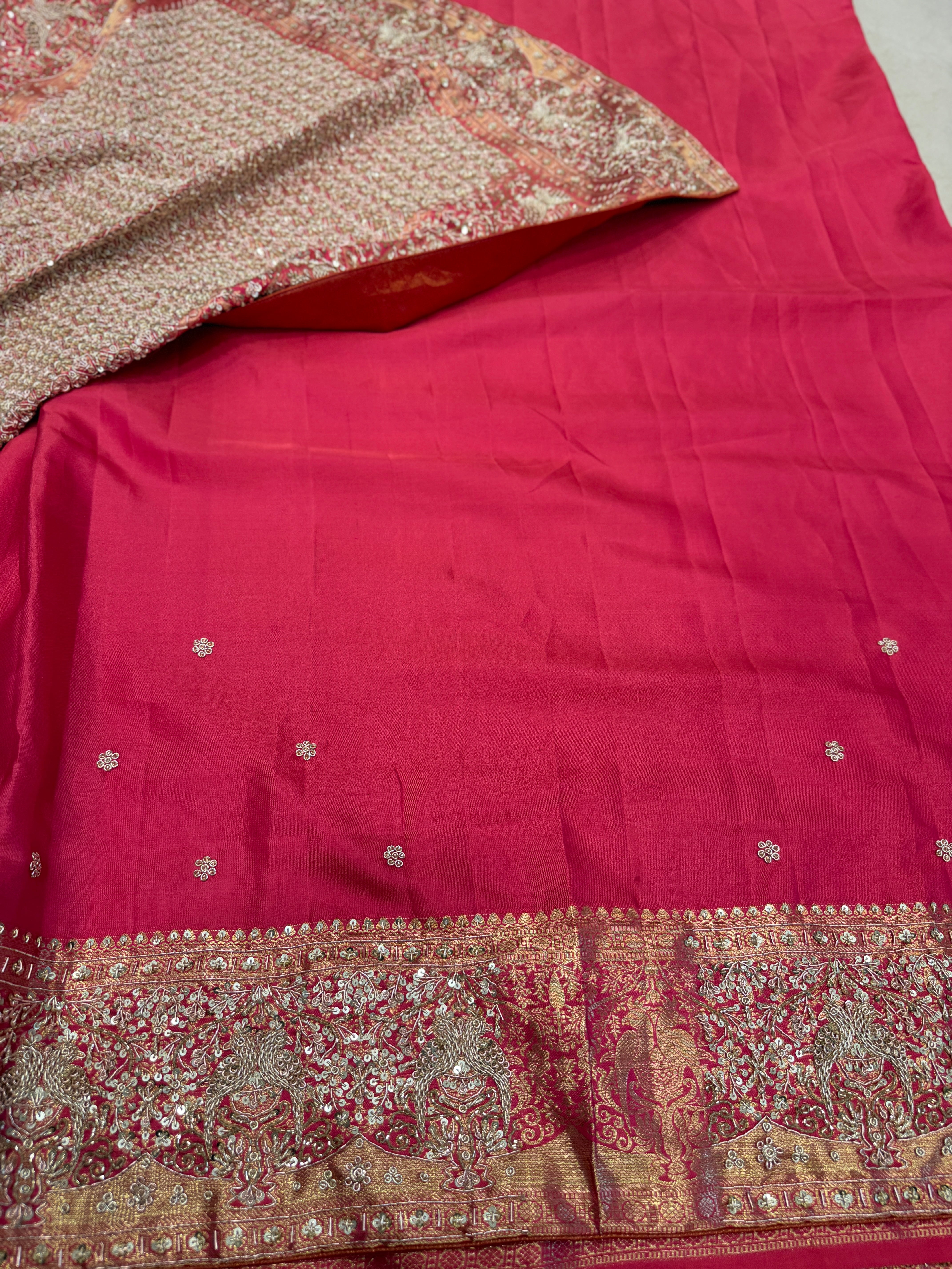 Crimson Kanjivaram Parrot Motif Hand Embroidery Zardosi Saree