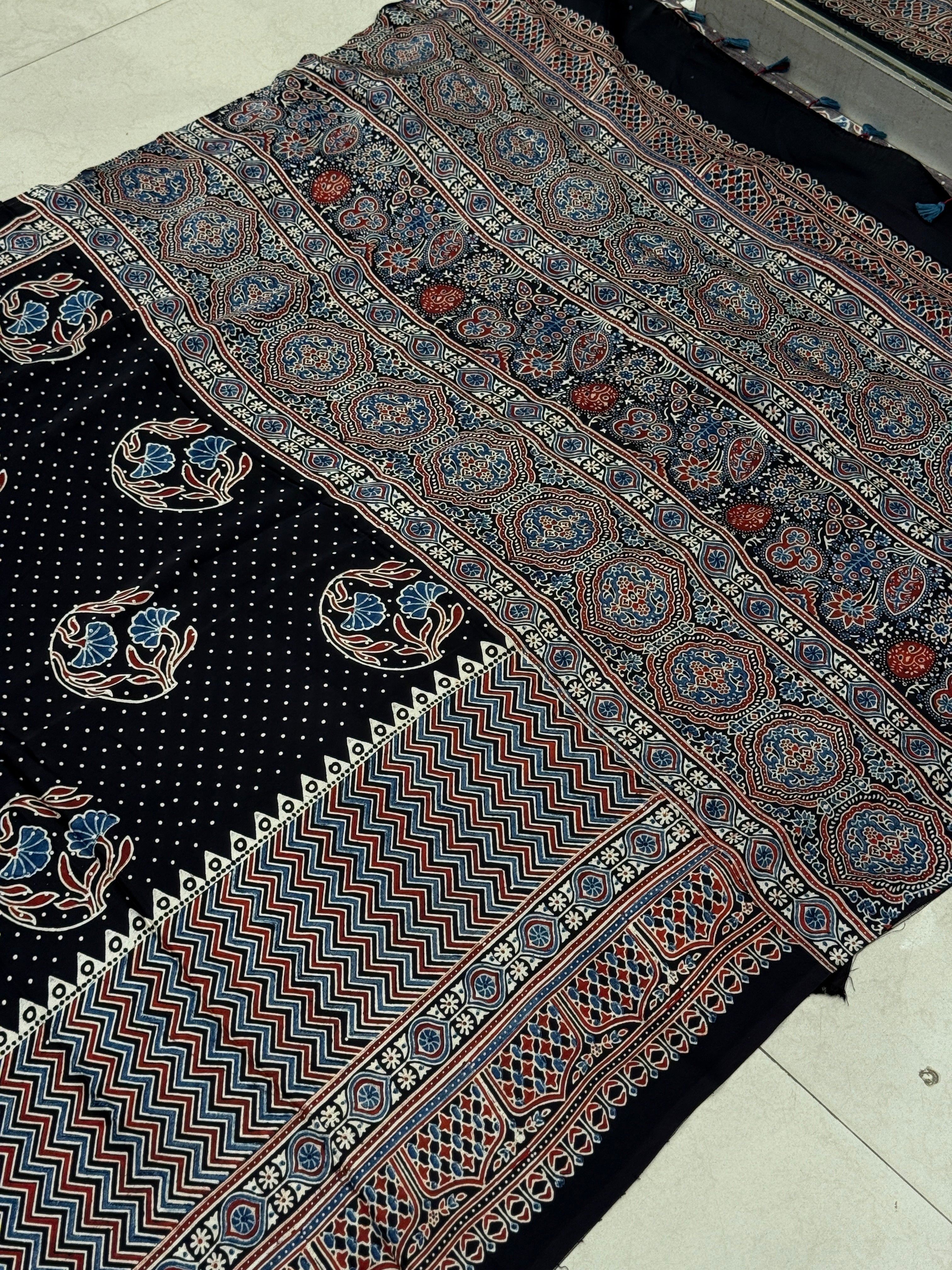 Black Half n Half Buttas Ajrakh Modal Gajji Silk Saree