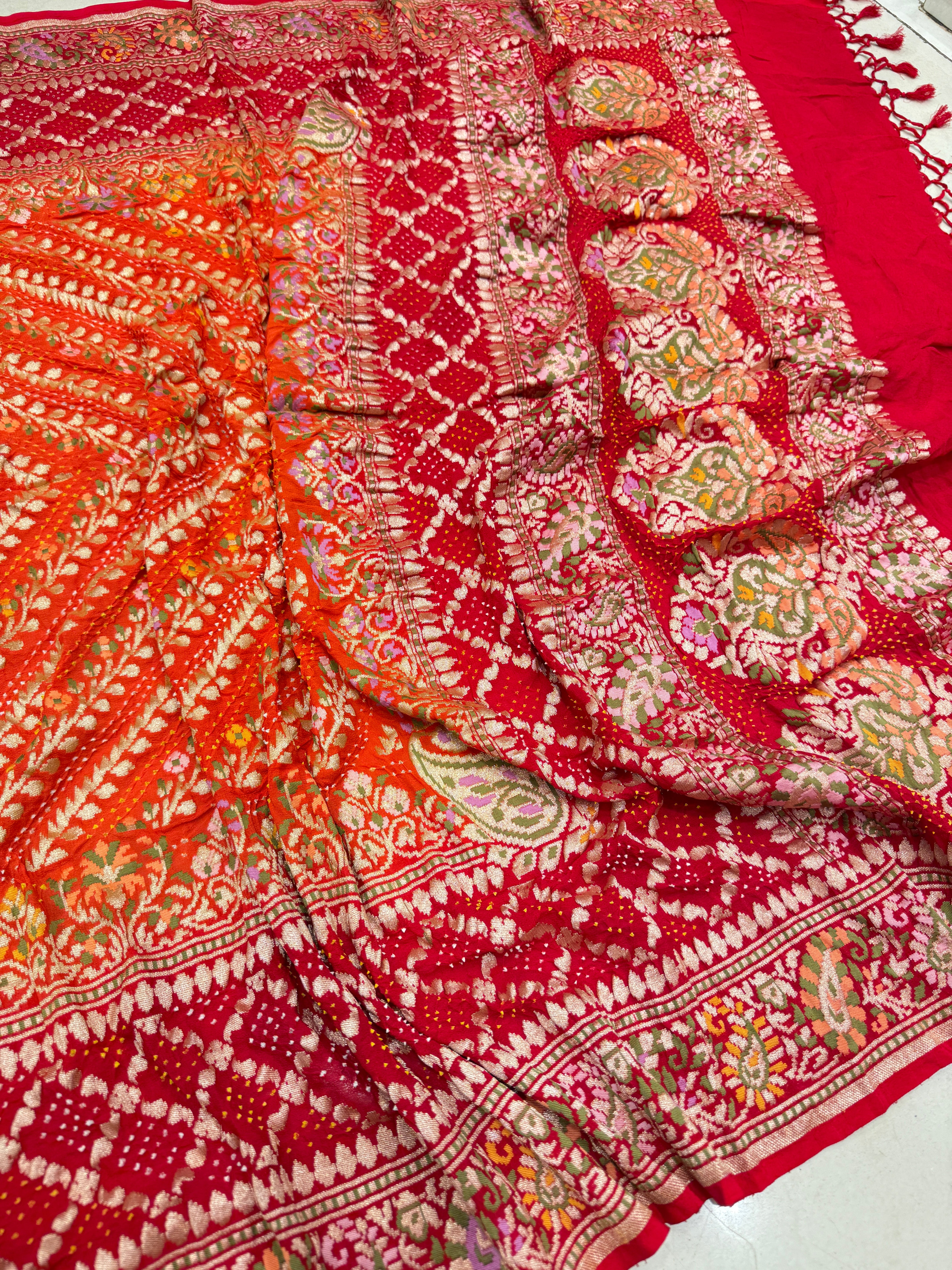 Orange Red Double Border Meenakari Rai Bandhej Georgette Bandhini Saree