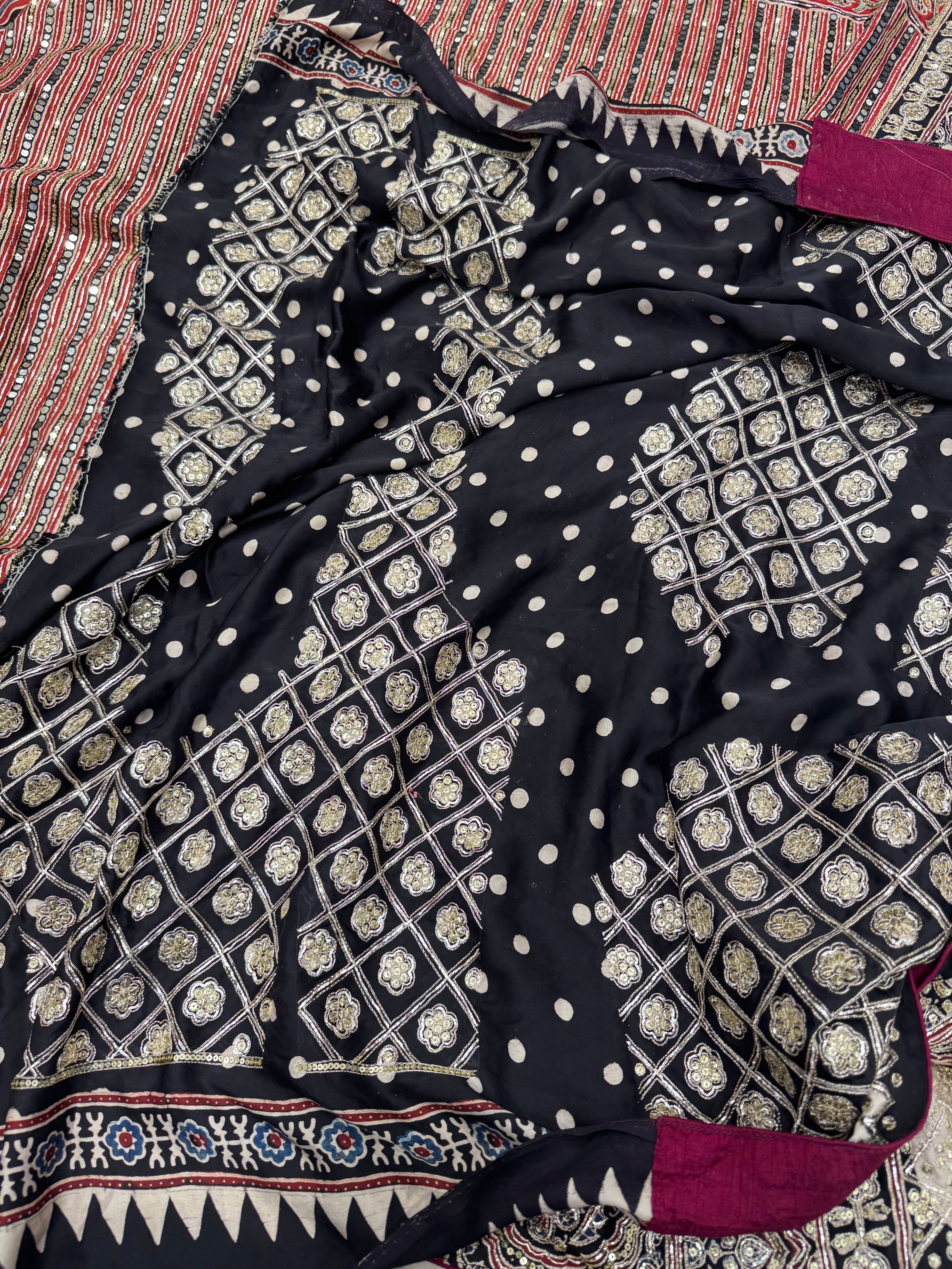 Red Contemporary Mirror Ajrakh Hand Embroidery Saree