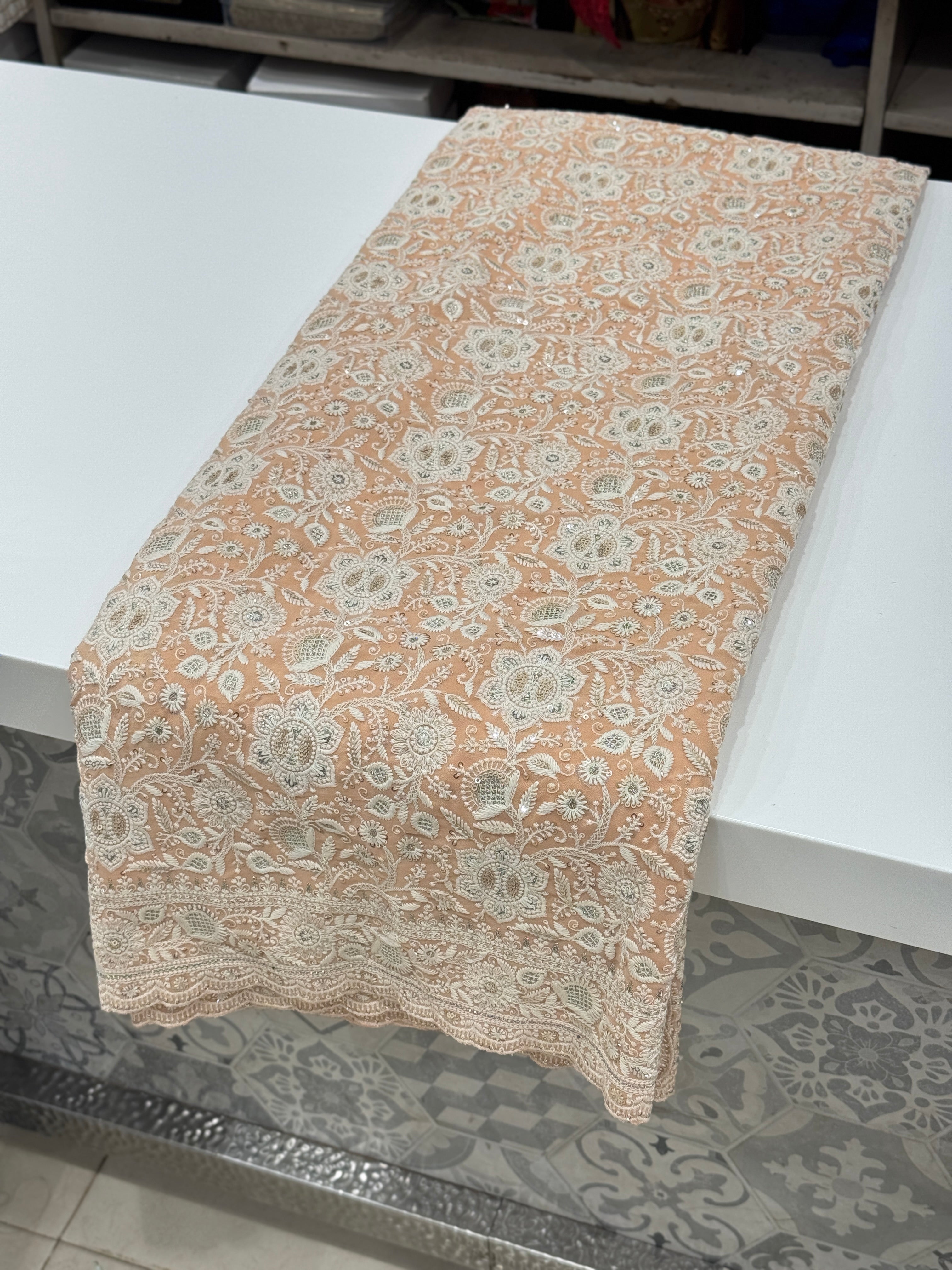 Peach Chikankari Small Scallop Design Saree
