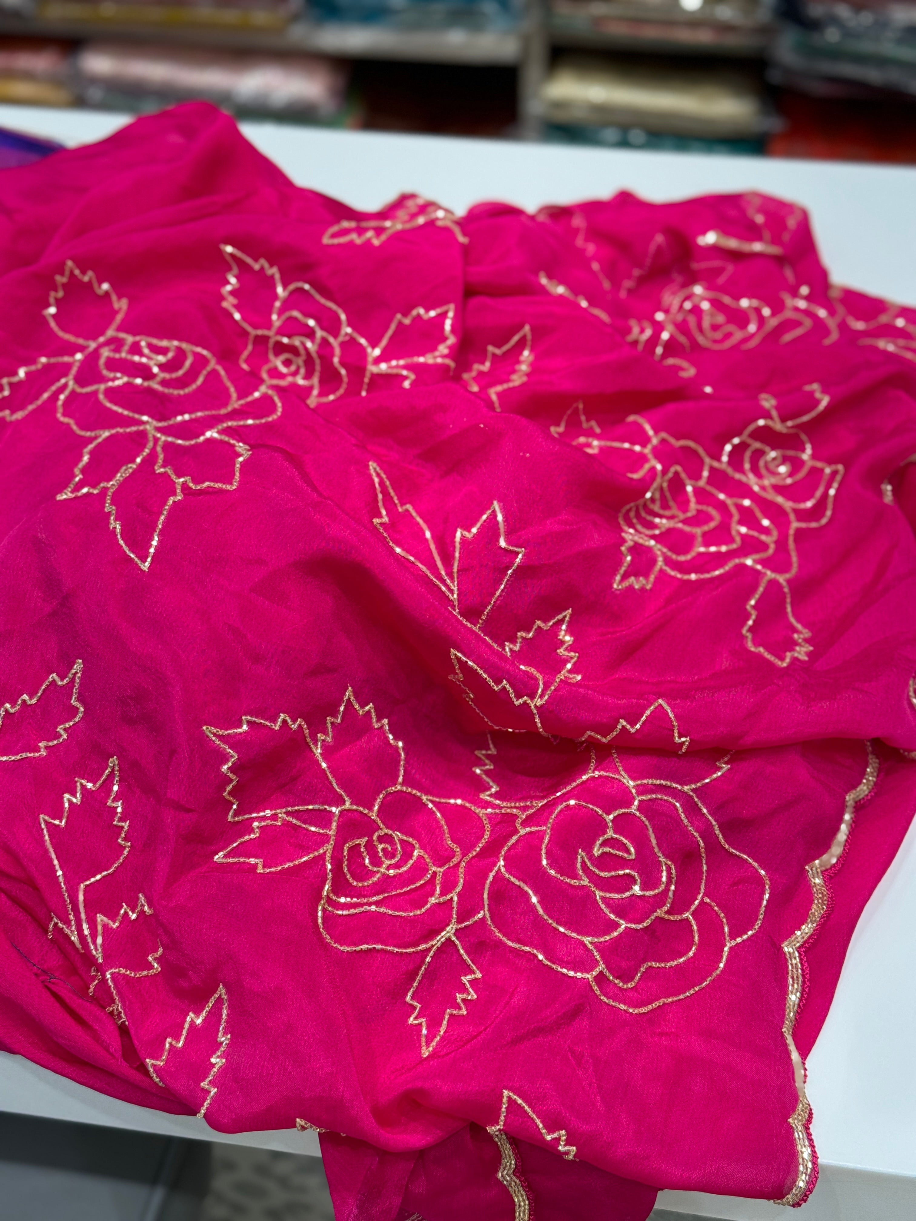 Rani Chiffon Rose Edit Saree Hand Embroidery