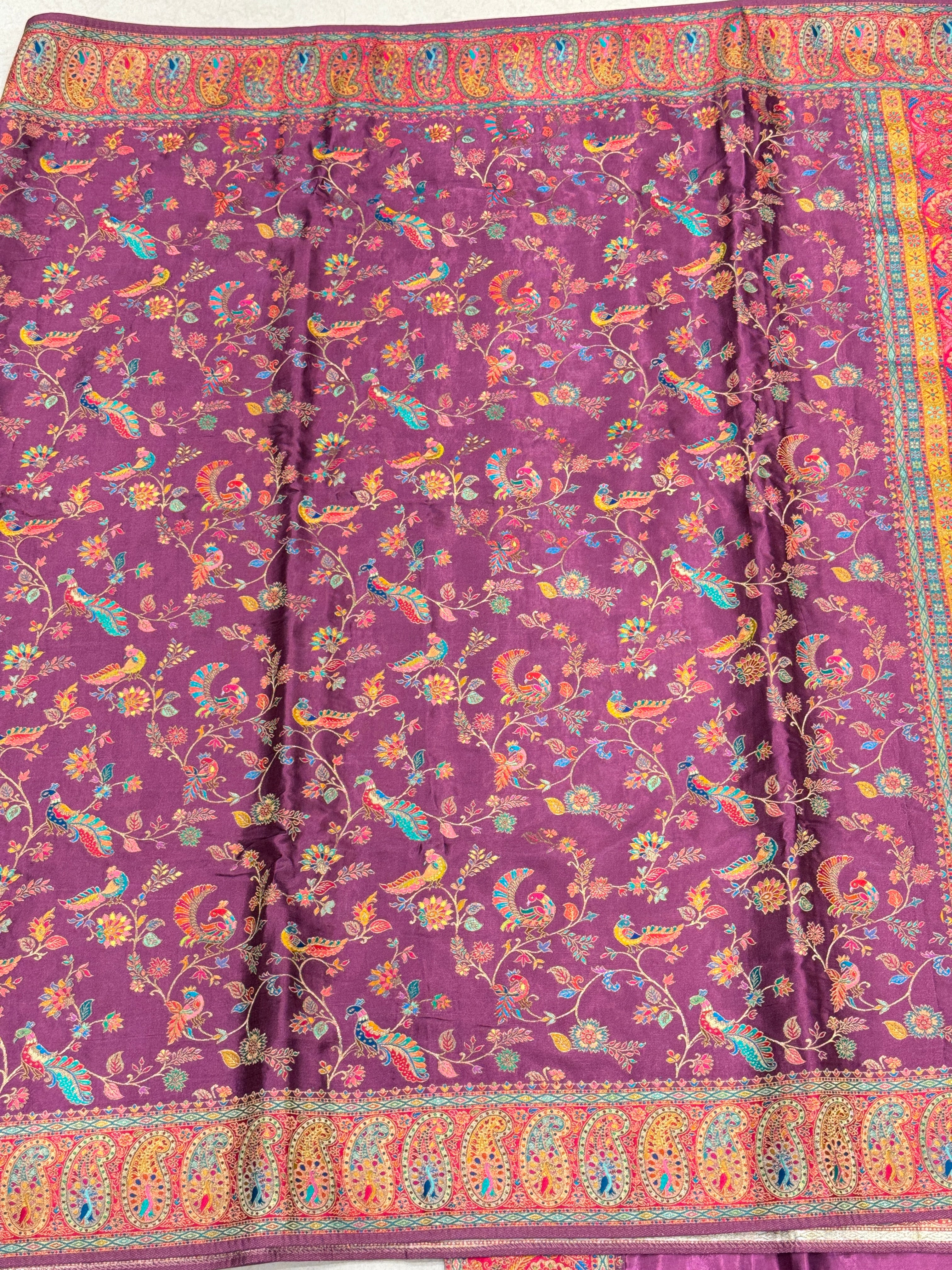 Wine Banarasi Modal Satin Pashmina Style Jaal Saree
