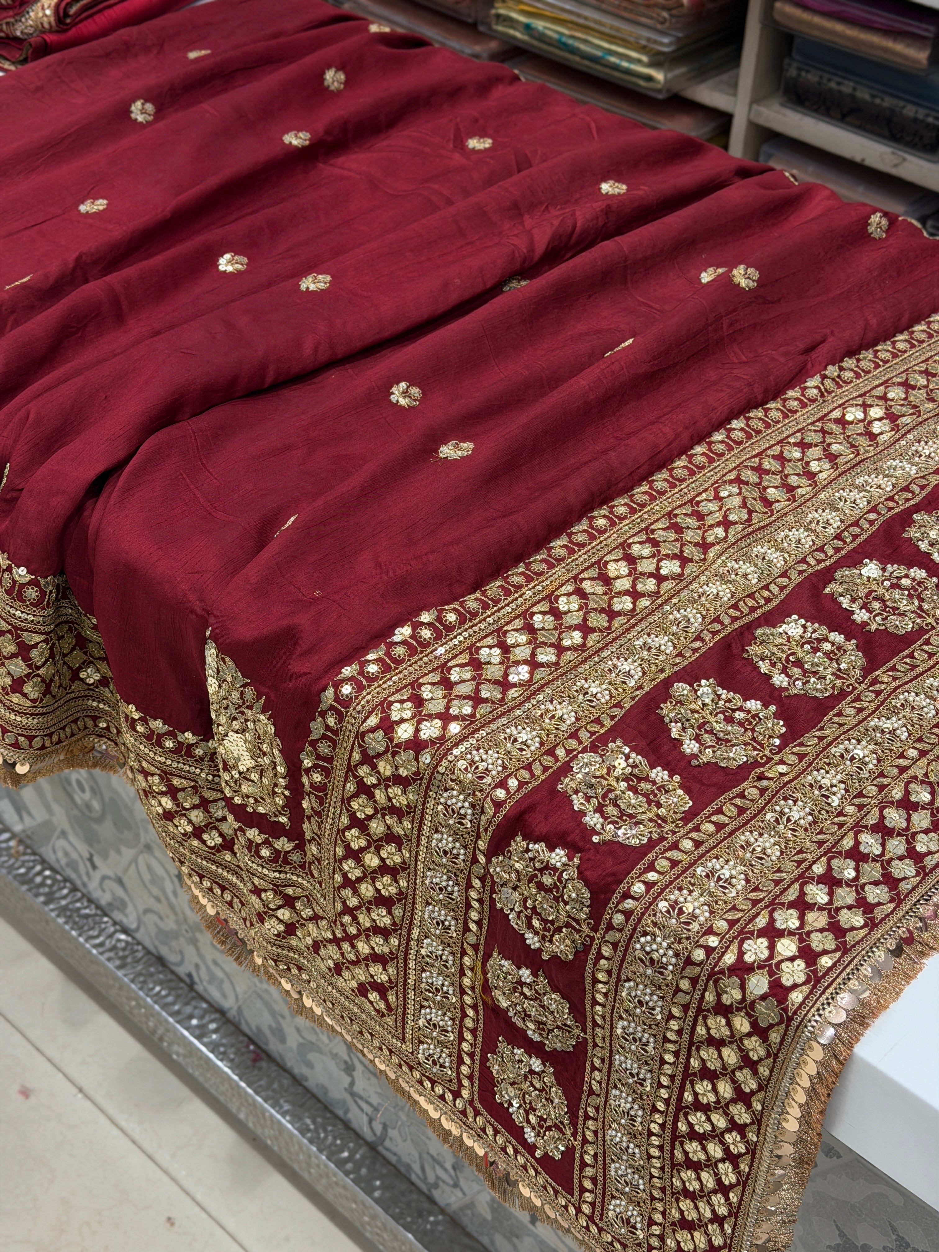 Maroon Marodi Embroidery Pure Silk Butti Saree