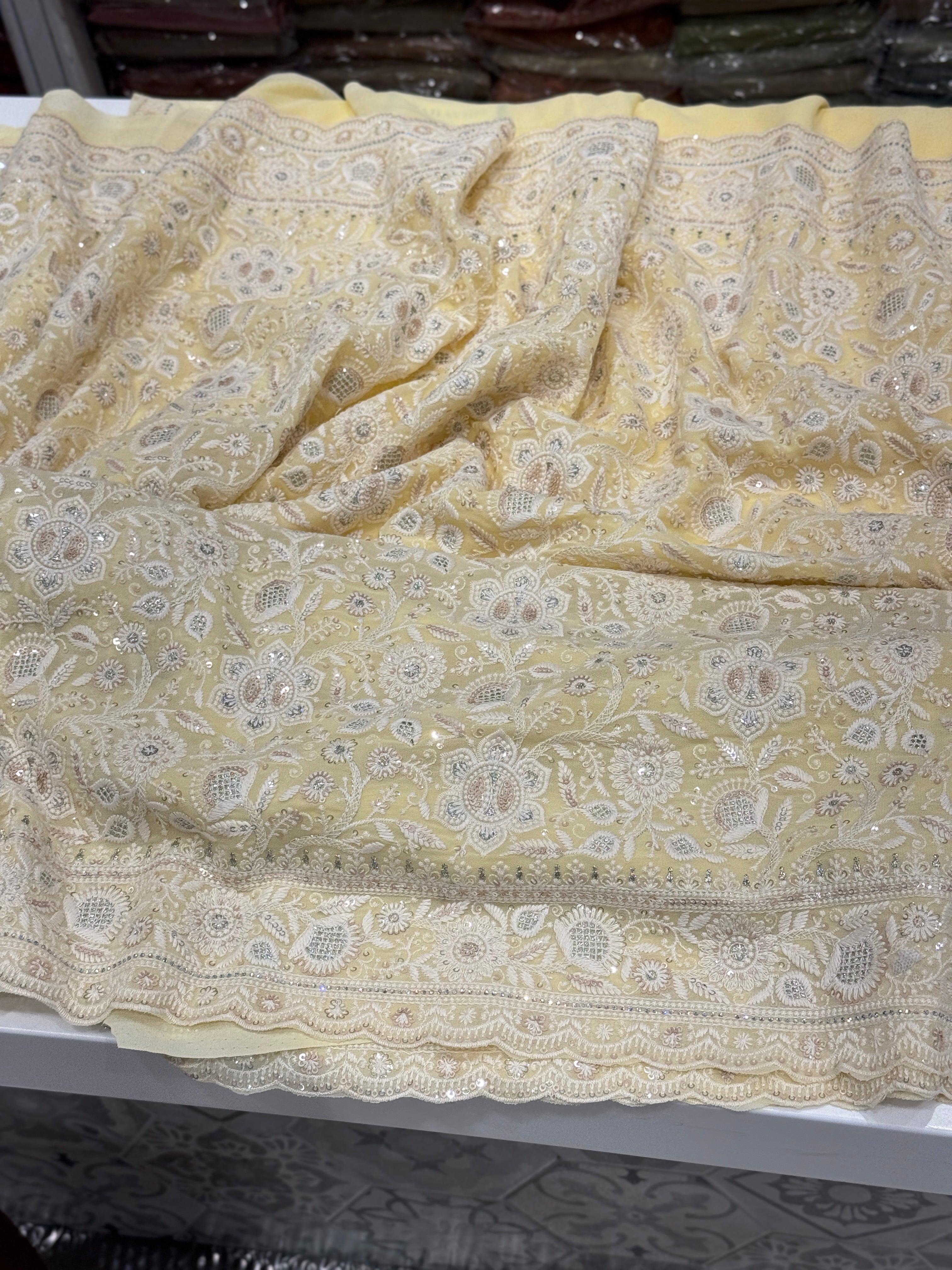 Yellow Chikankari Small Scallop Design Saree