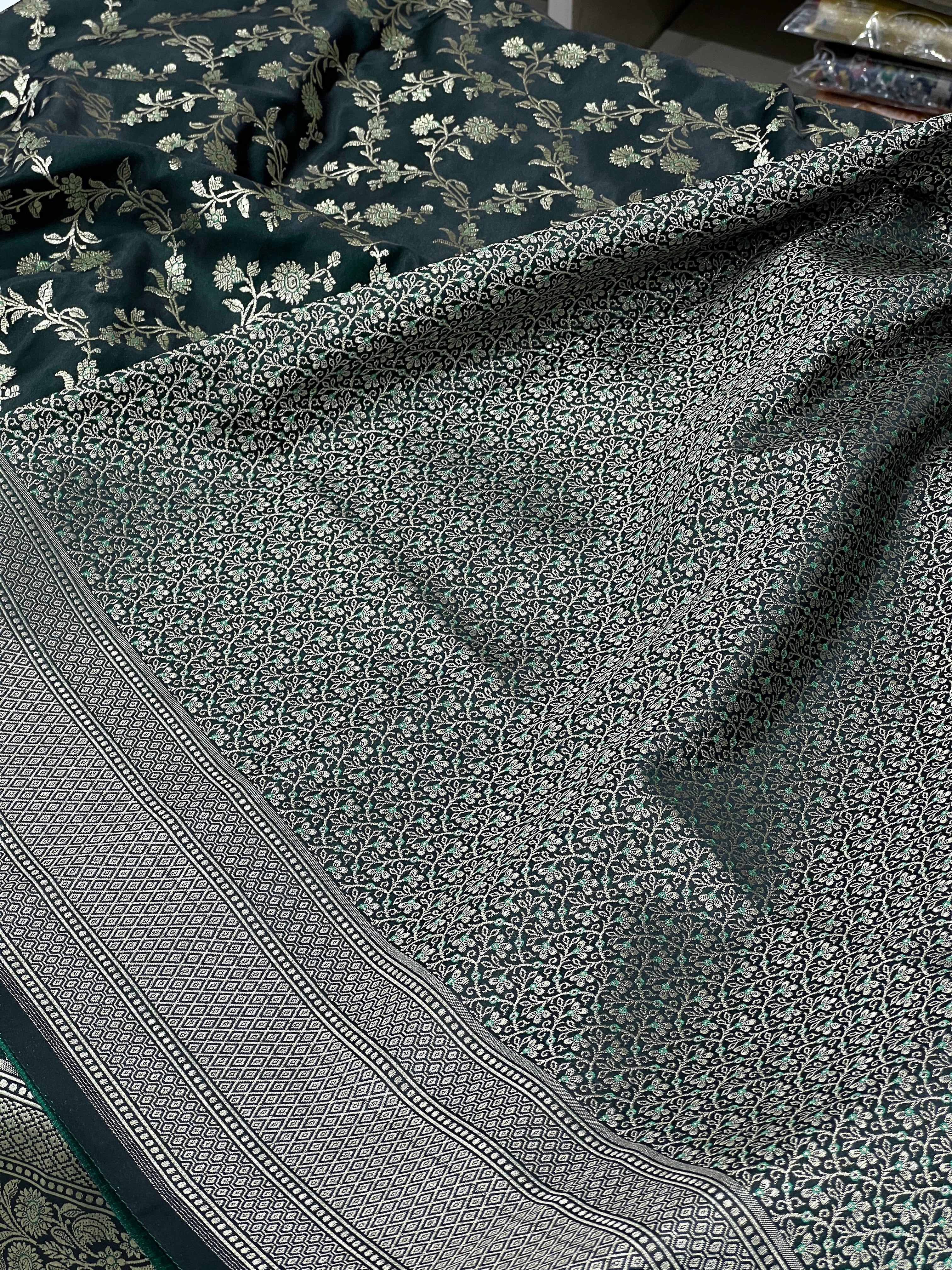 Bottle Green Banarasi Silk Flower Jaal