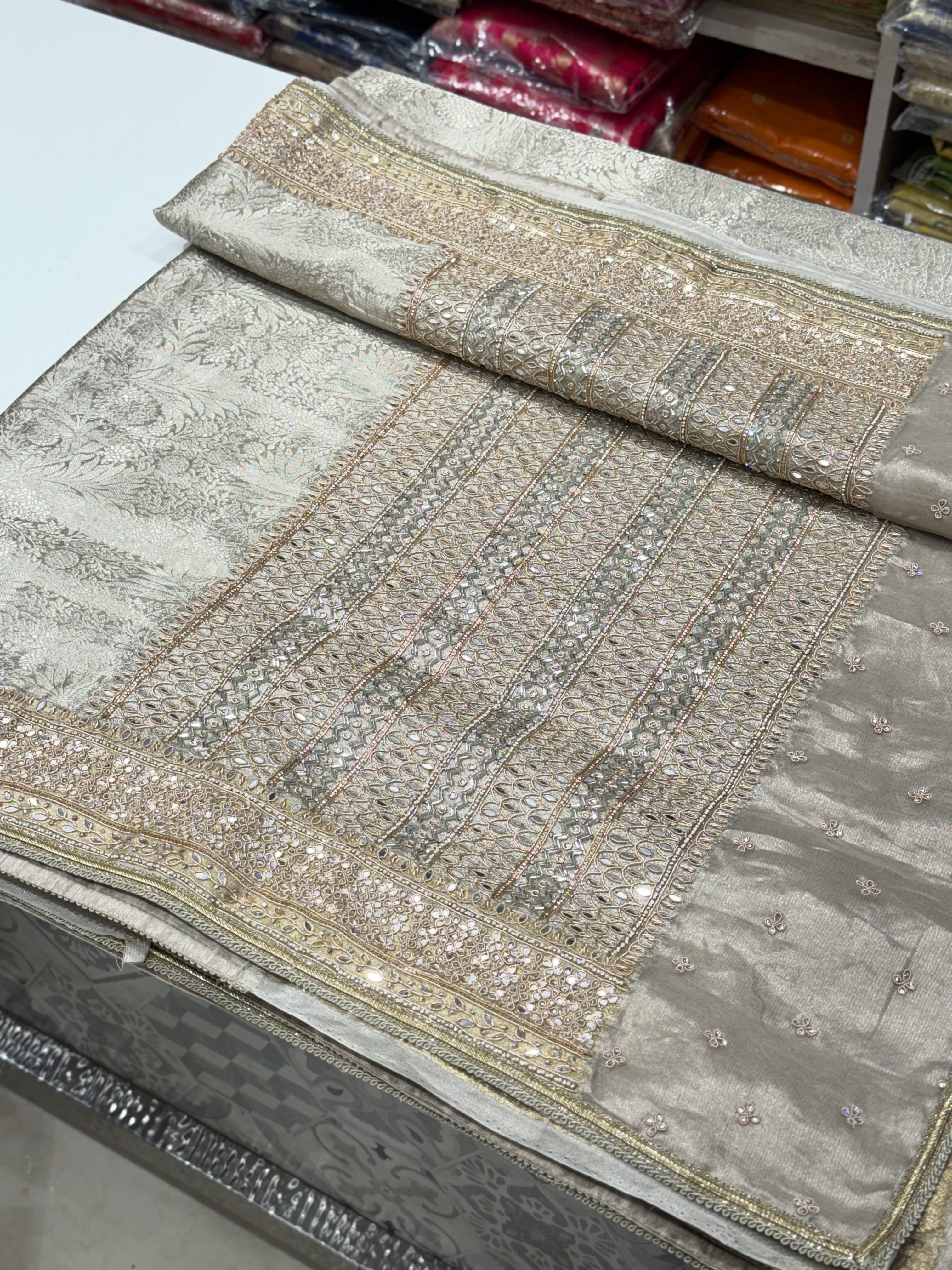 Silver Tissue Kanjivaram Hand Embroidery Saree