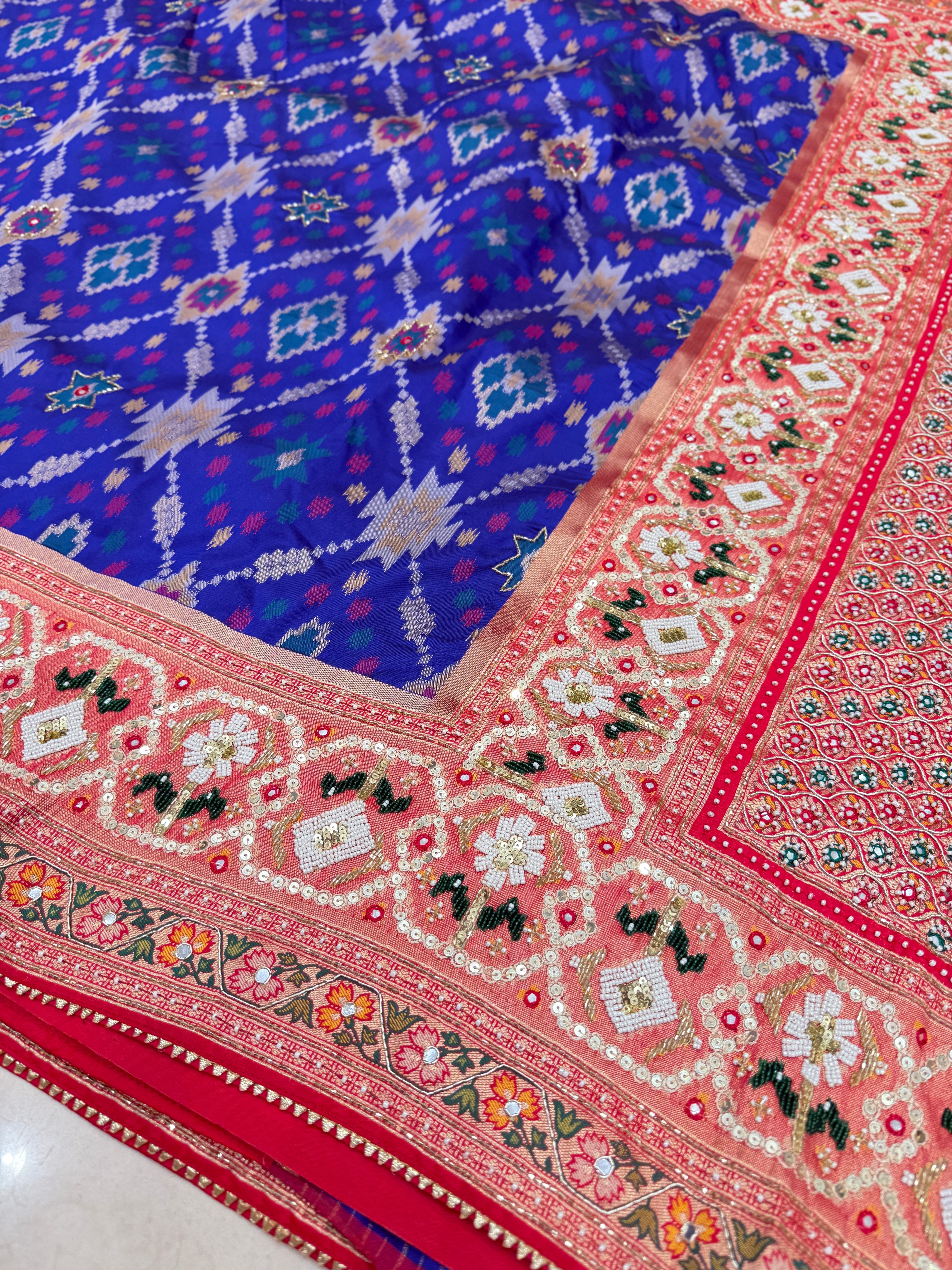 Royal Blue Patola Kidiya Moti Embroidery Saree
