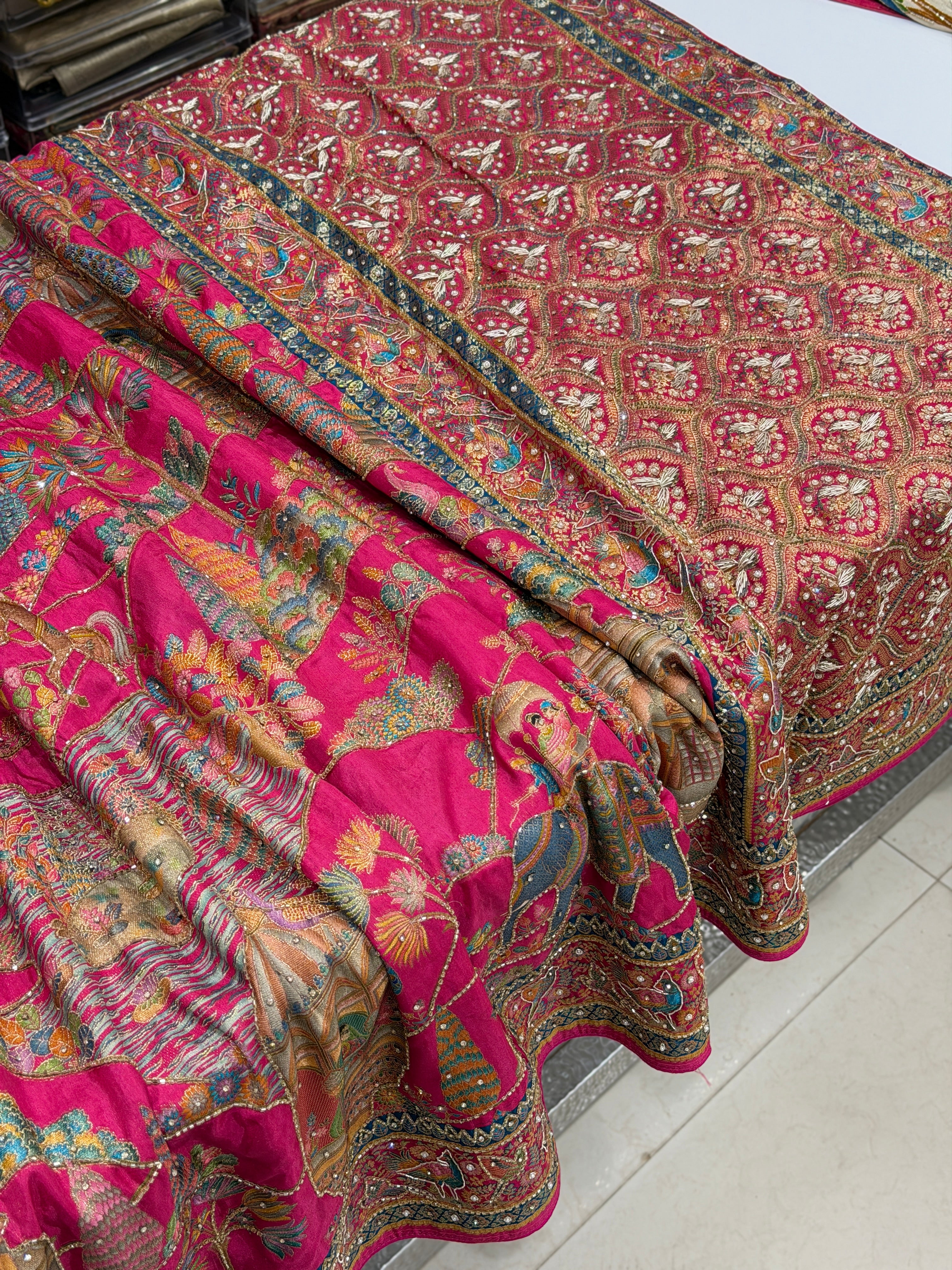 Rani Forest Darbar Pashmina Style Weave Hand Embroidery Saree