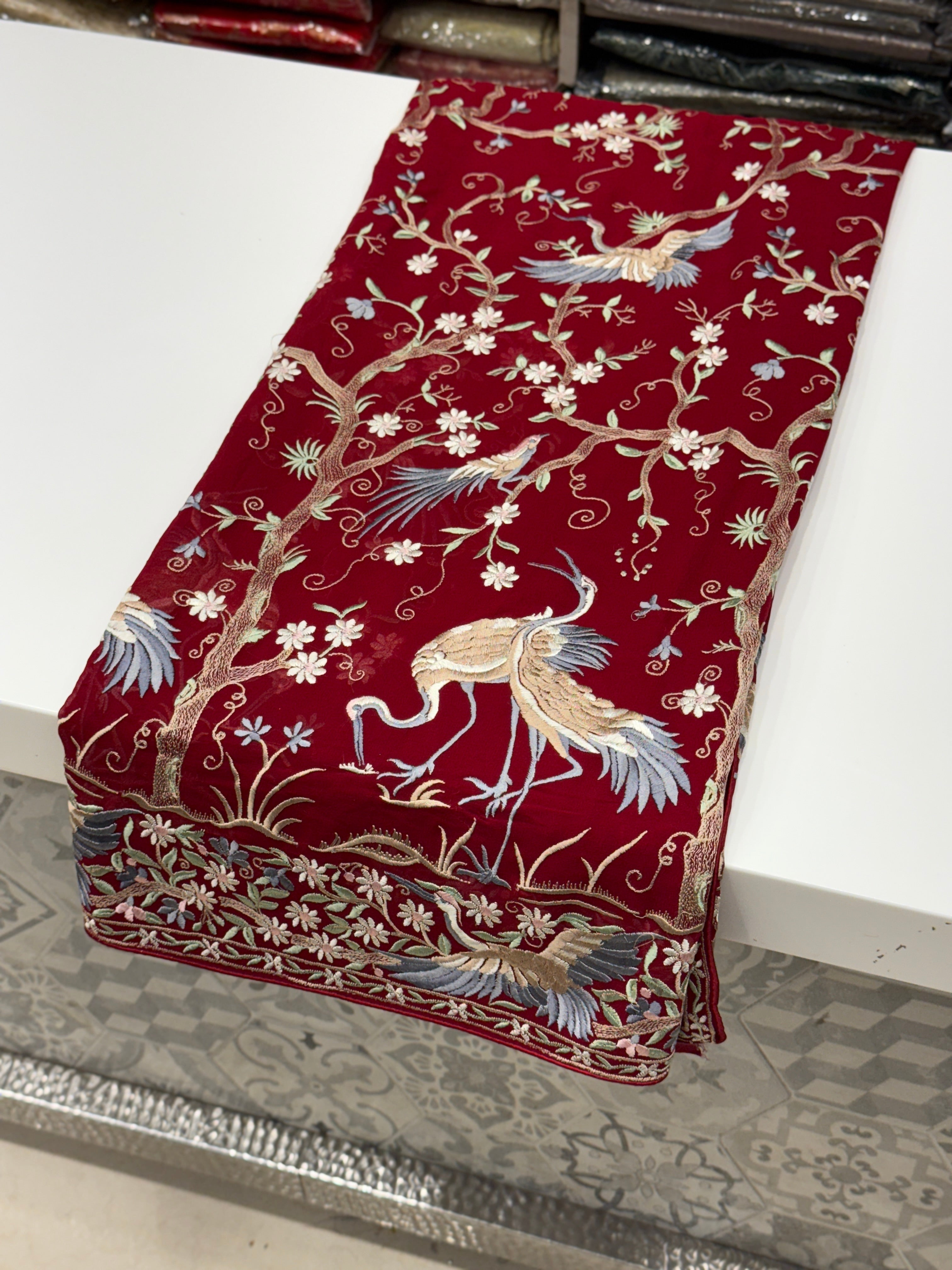 Red Tree Of Life Flamingo Parsi Gara Saree