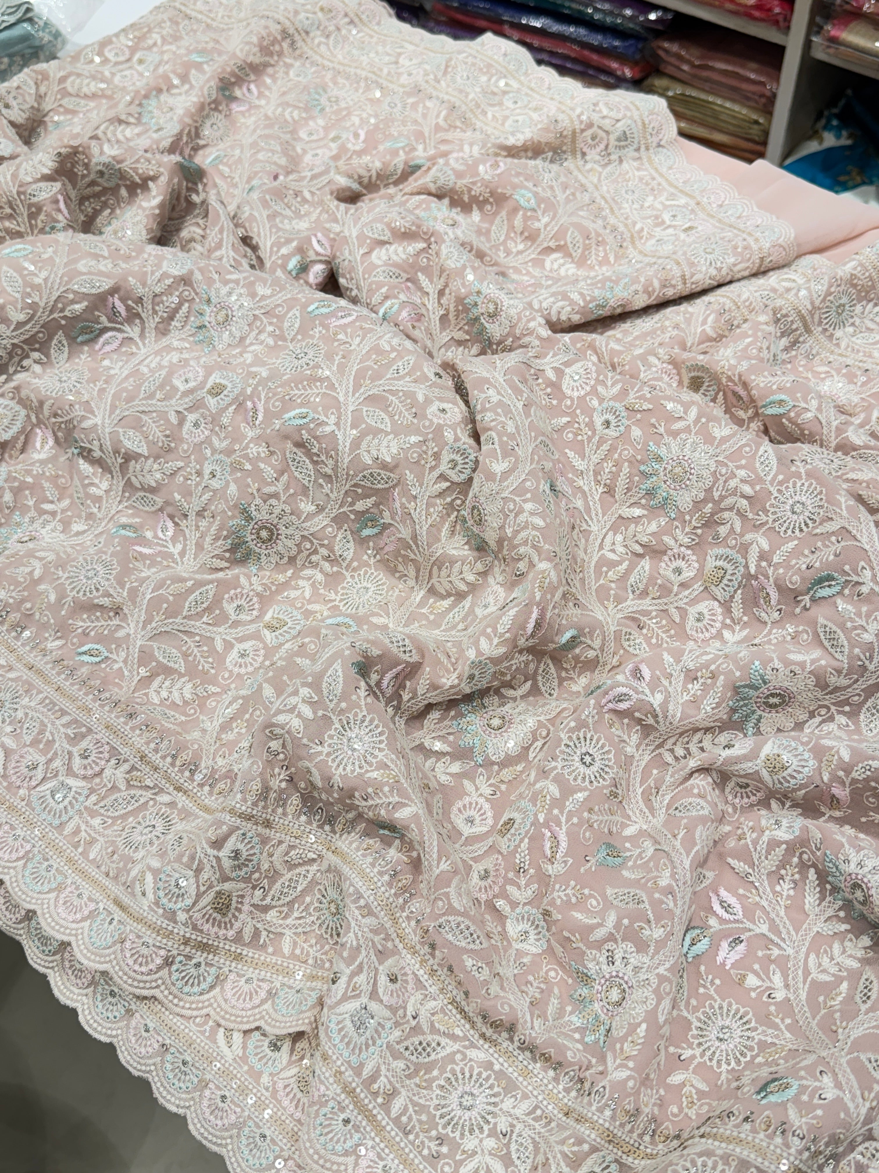 Nude Pink Meenakari Chikankari Scallop Design Saree