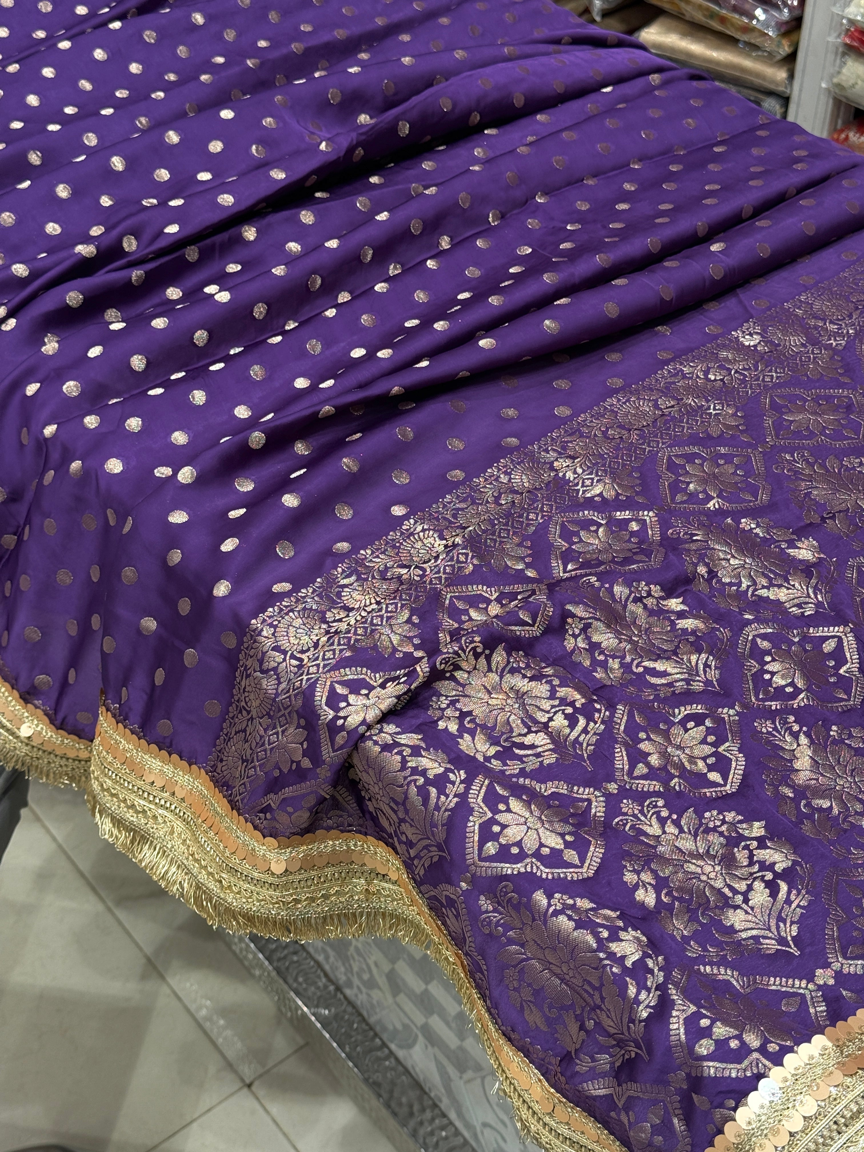 Violet Polka Dot Satin Silk Maharani Lace Saree