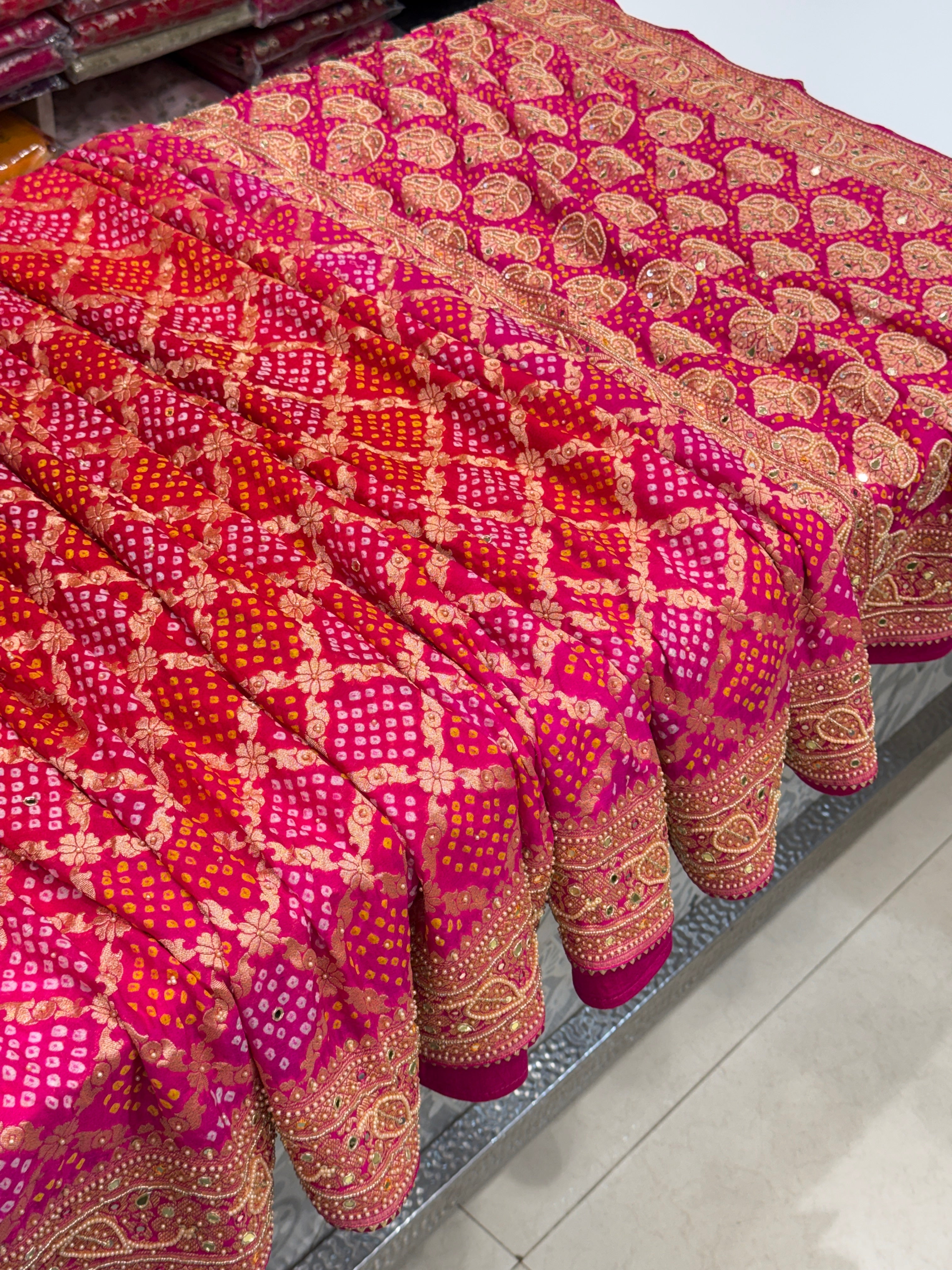 Shaded Rani Red Bandhej Moti Hand Embroidery Saree