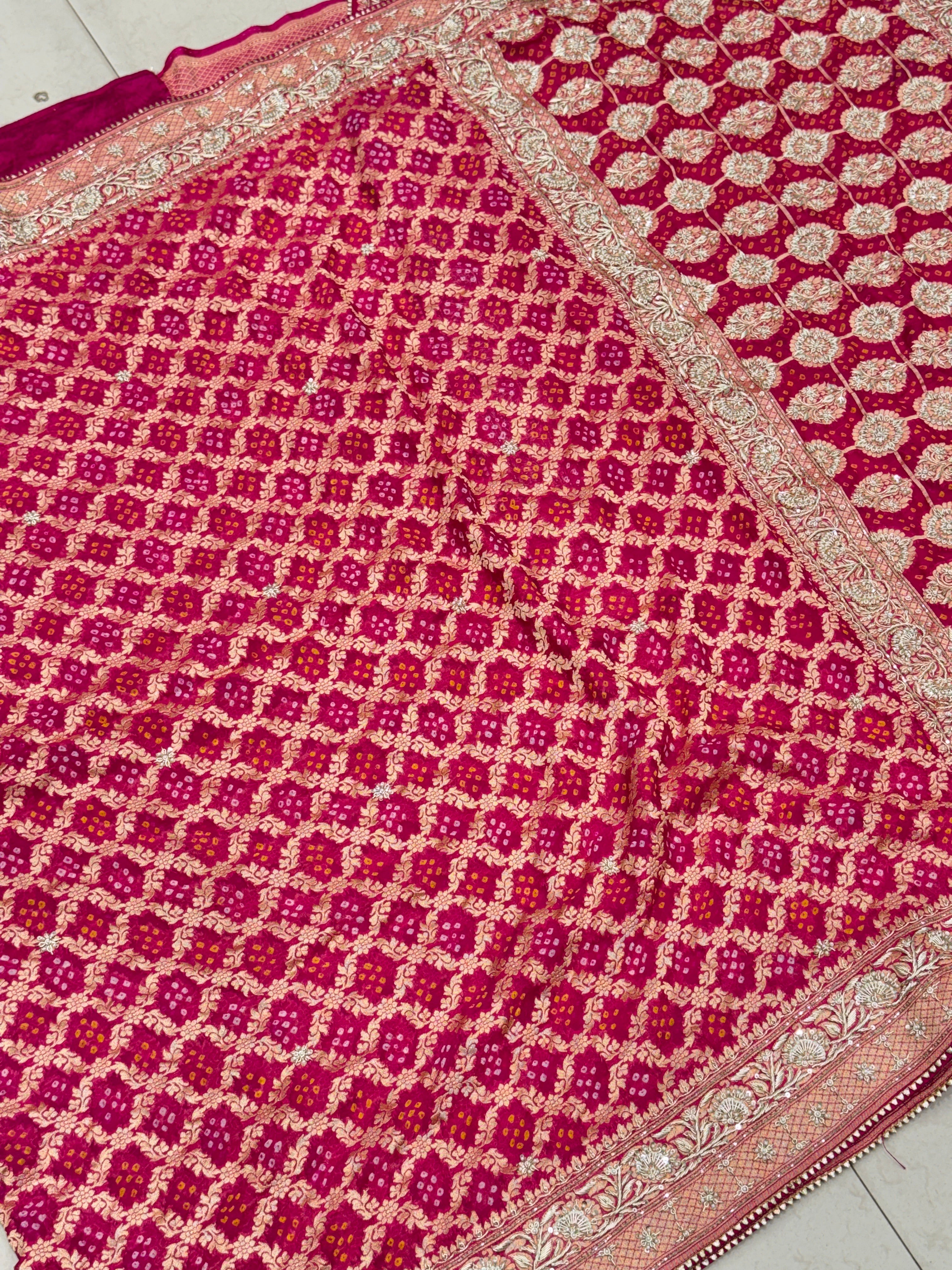 Rani Bandhej Zardosi Hand Embroidery Saree