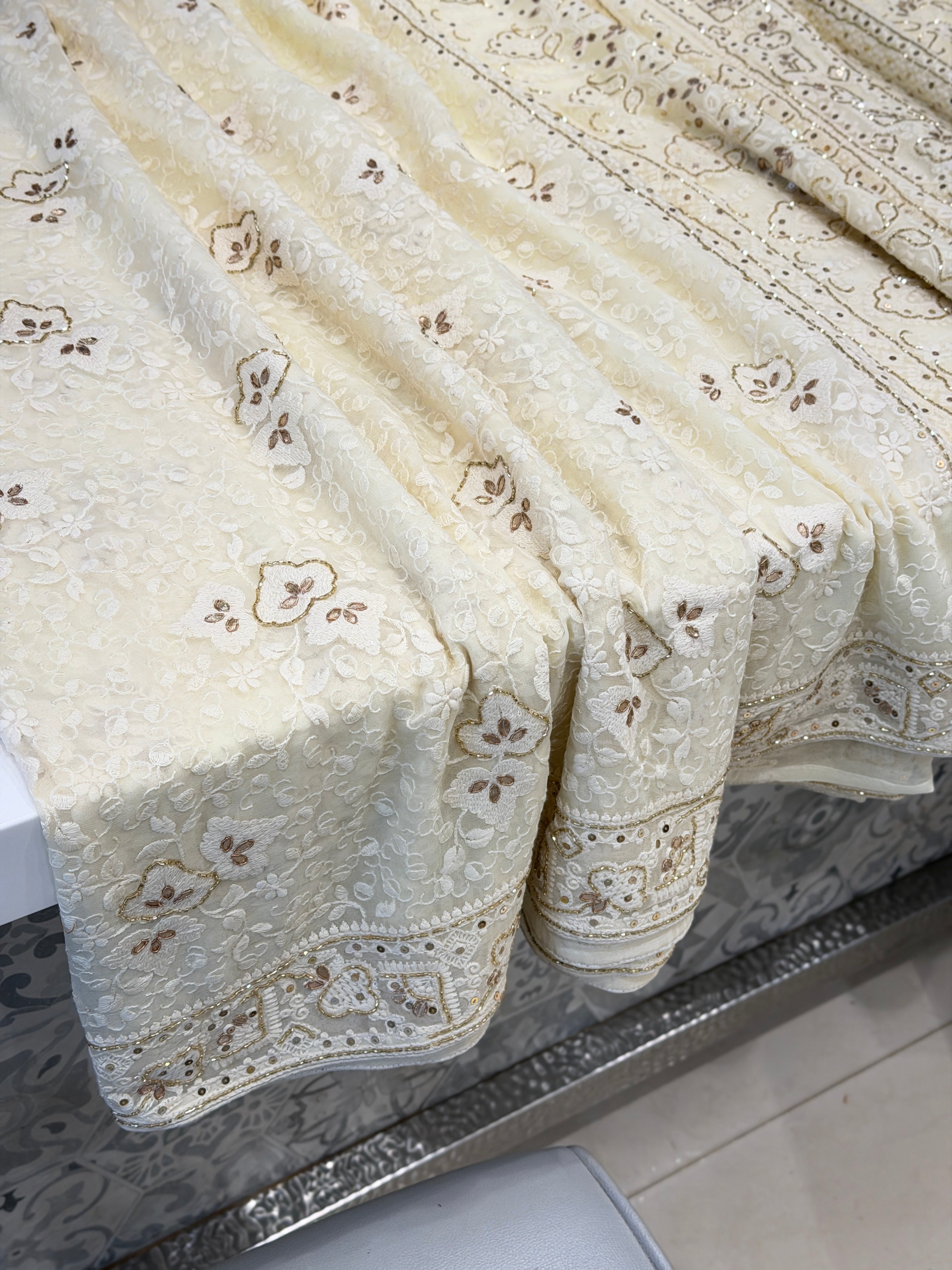 Moti White Chikankari Georgette Cutdana Embroidery Saree