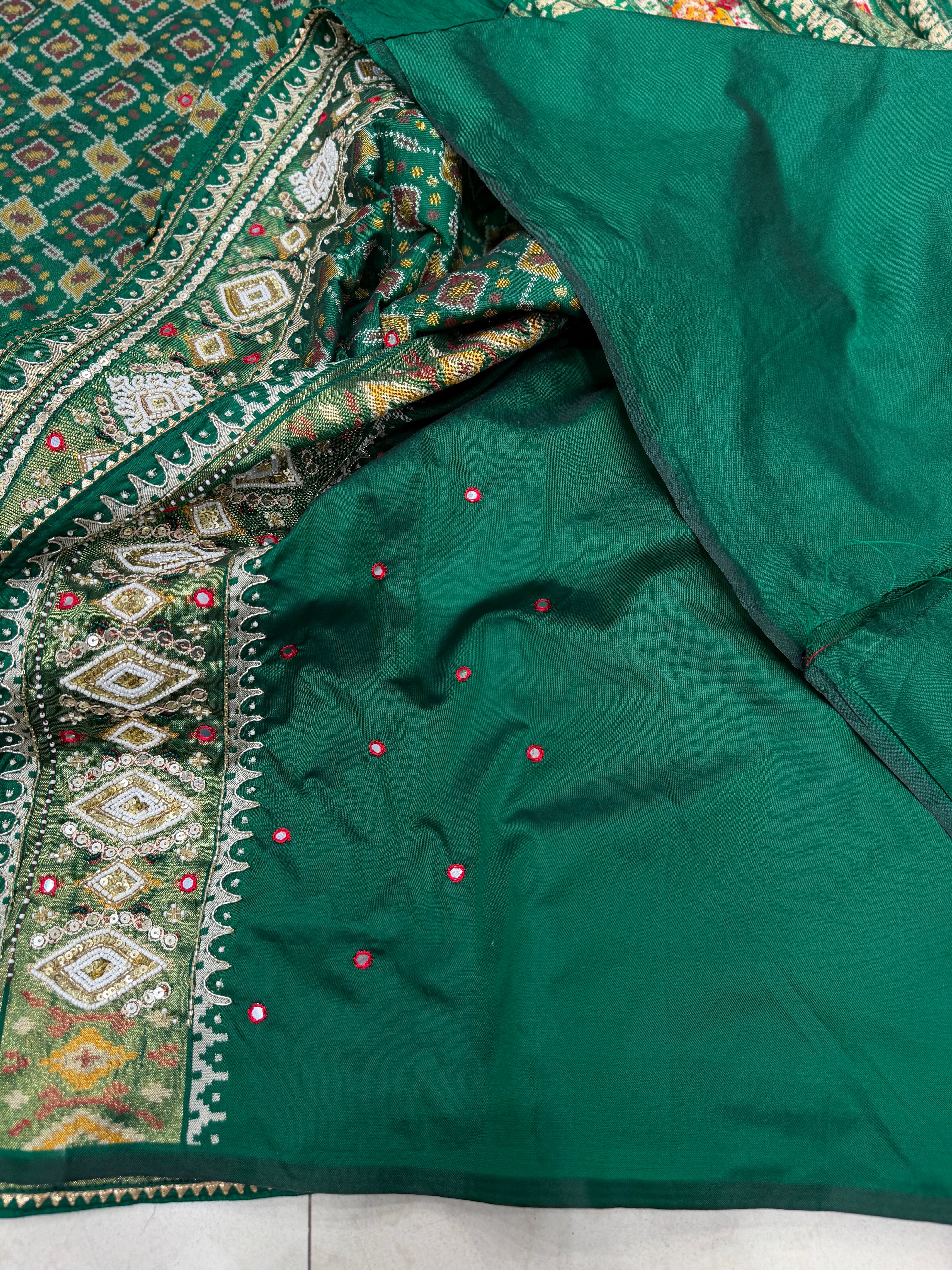 Bottle Green Patola Small Jaal Ikat Kidiya Moti Hand Embroidery Saree