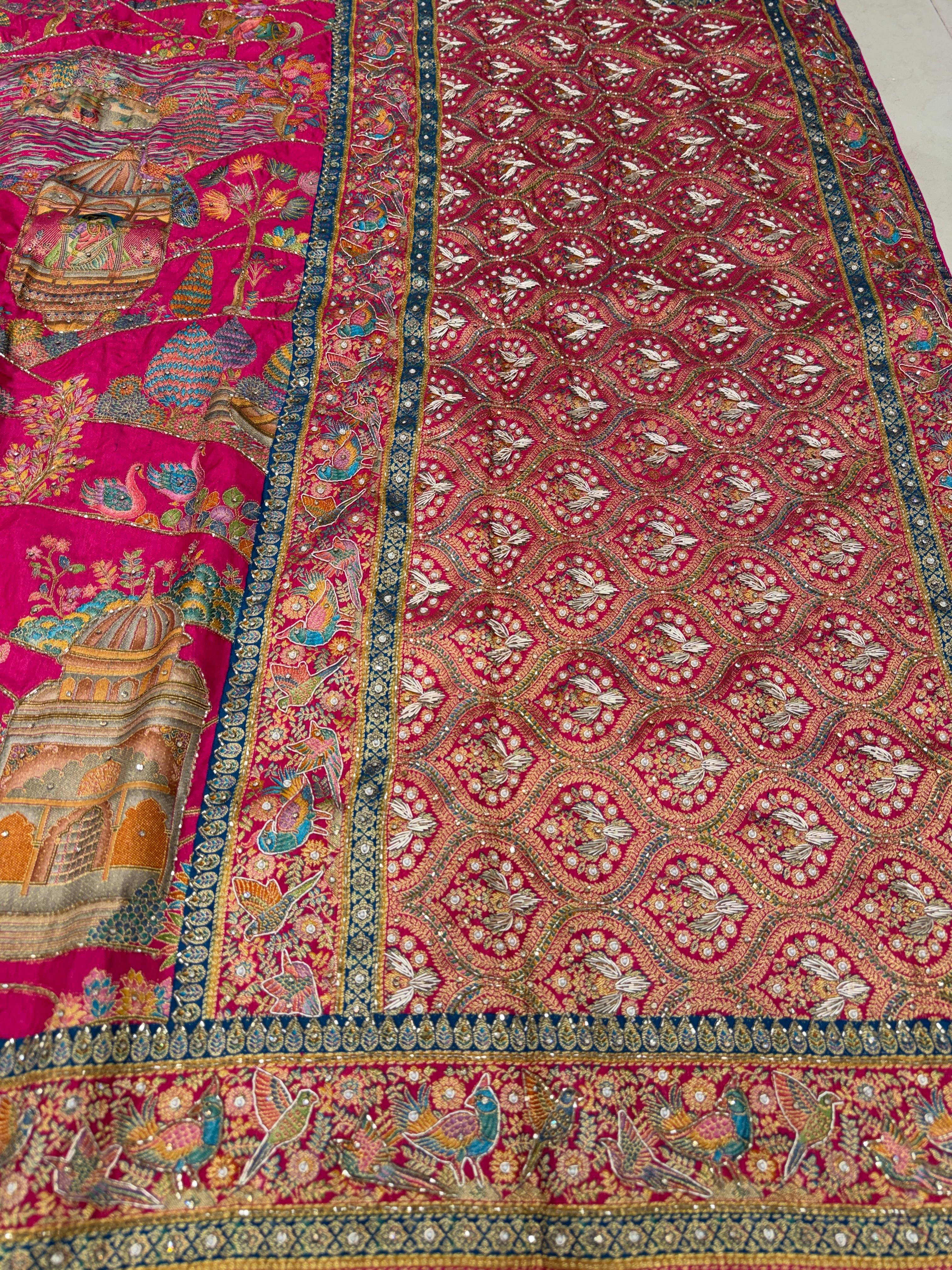 Rani Forest Darbar Pashmina Style Weave Hand Embroidery Saree