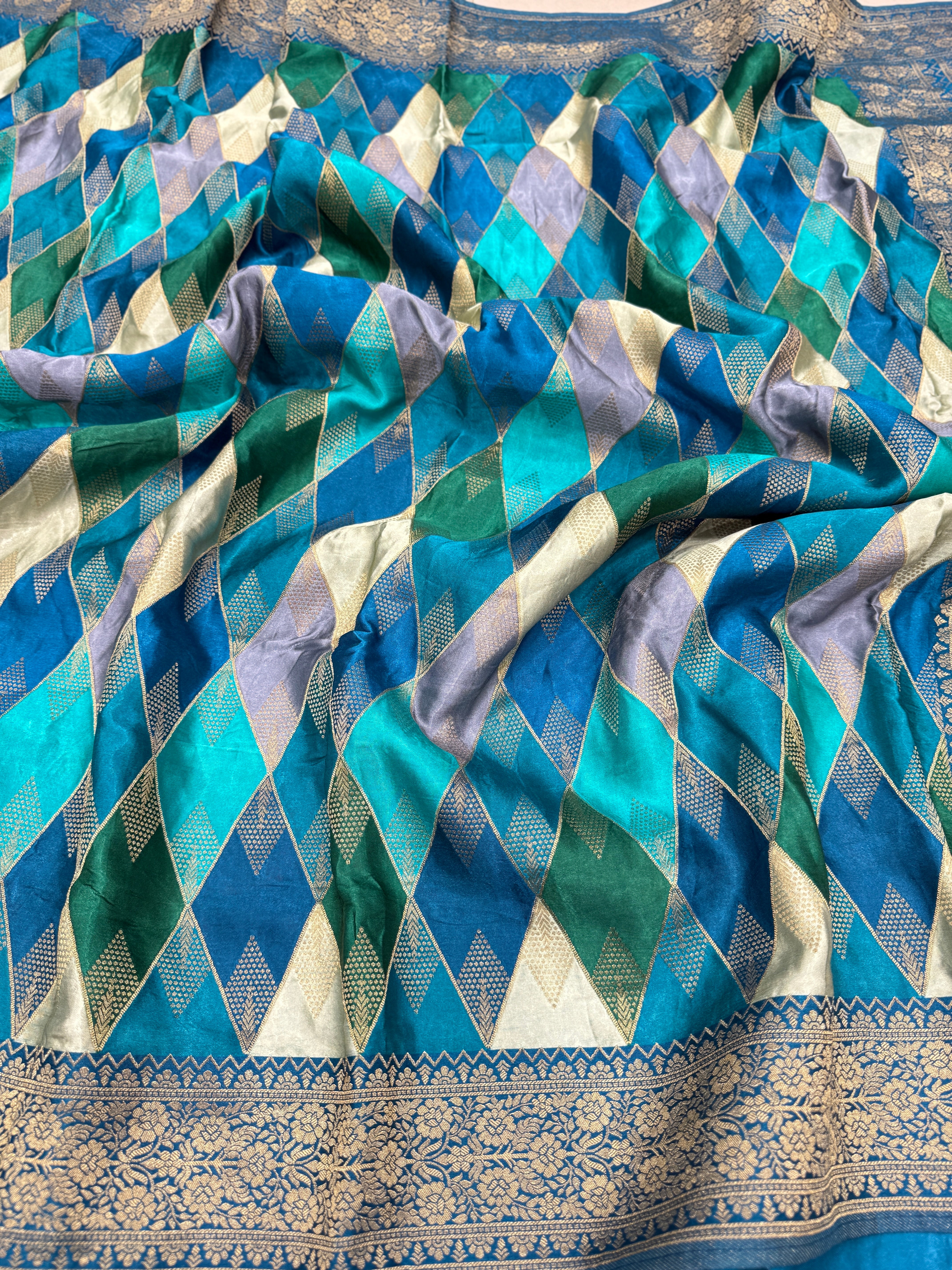 Rama Blue Contemporary Kaju Katli Design Banarasi Modal Satin Rangkat Saree