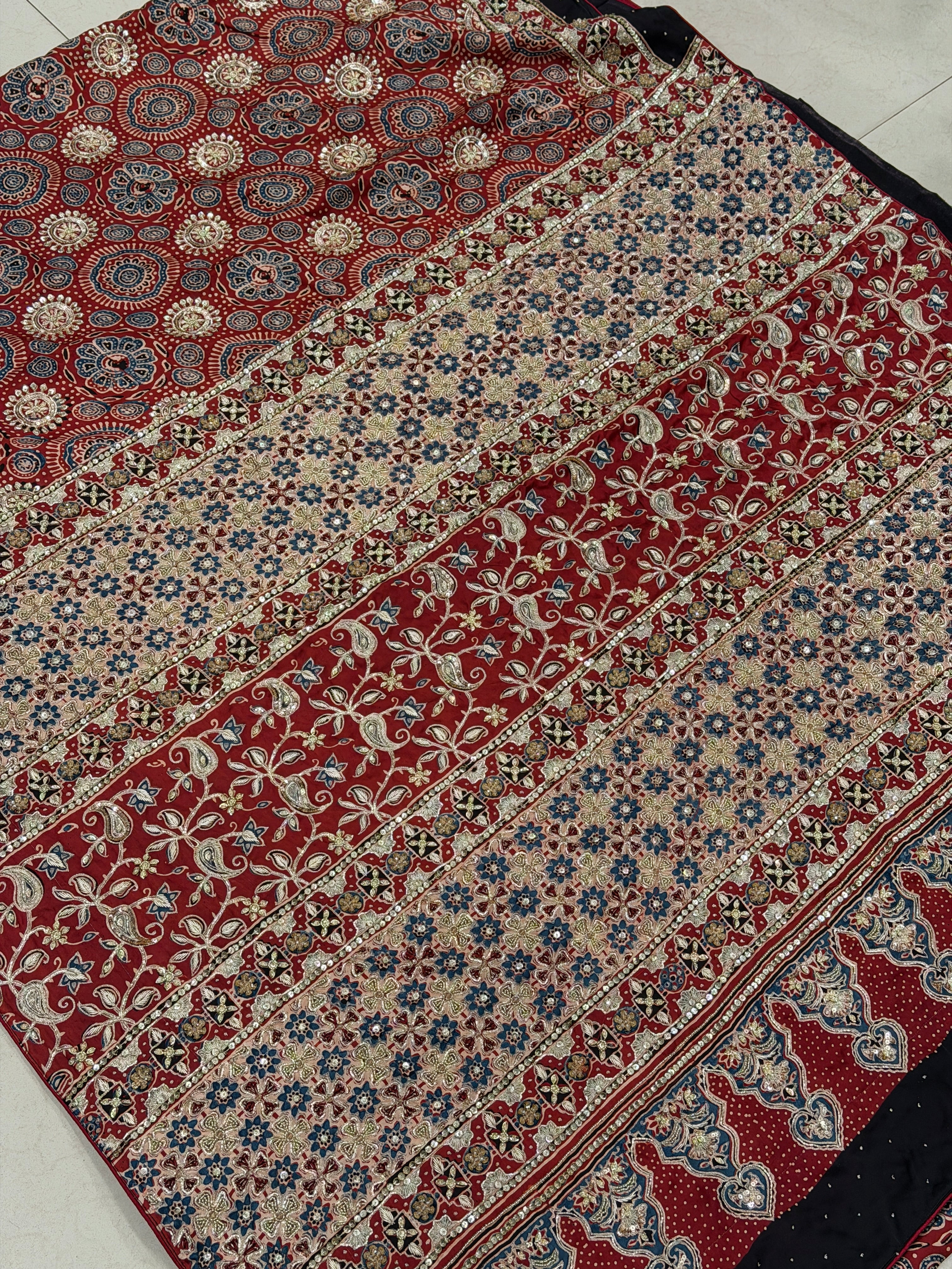 Red Ajrakh Pita Zardosi Ajrakh Hand Embroidery Saree