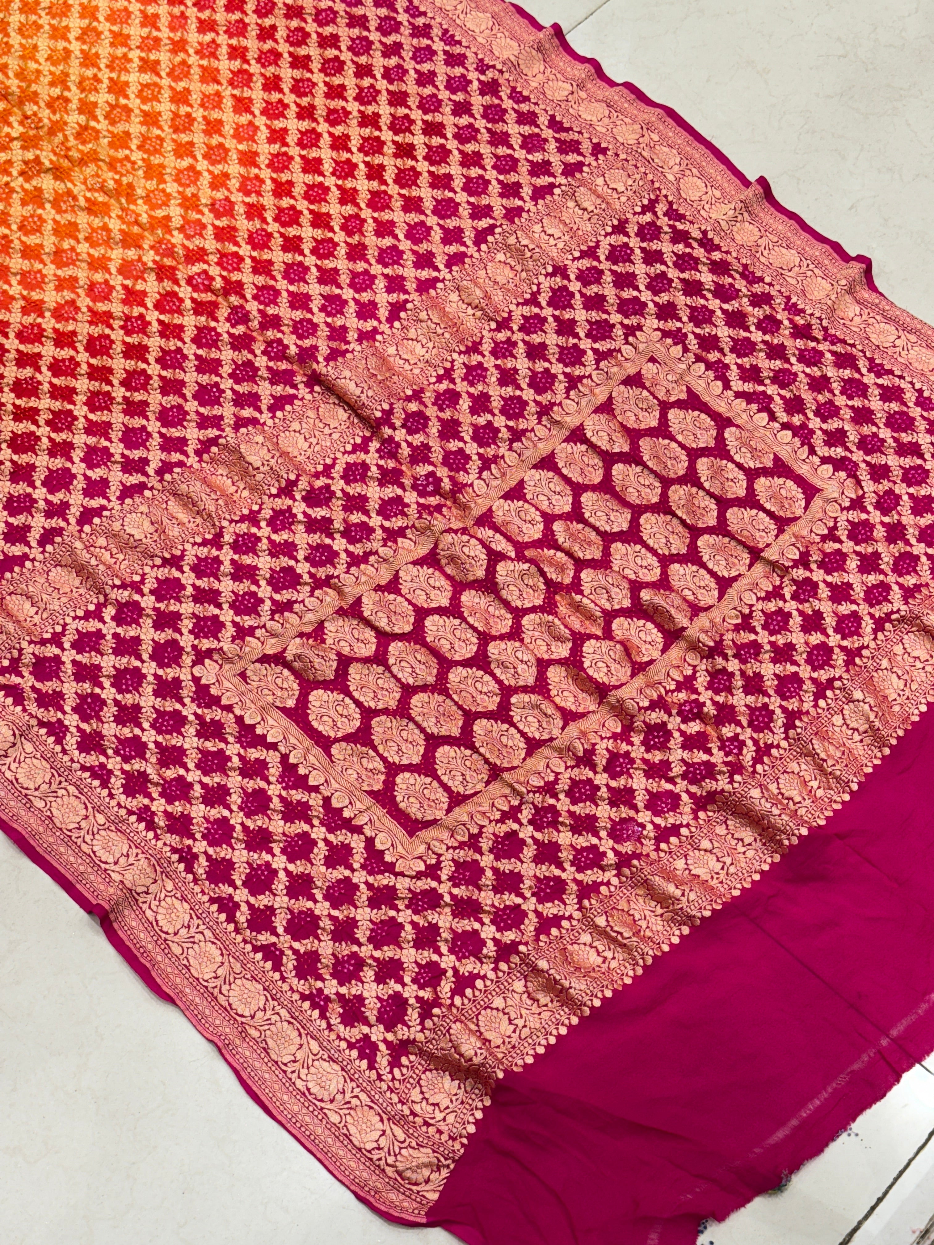 Shaded Orange Rani Block Pallu Bandhej Bandhini Saree