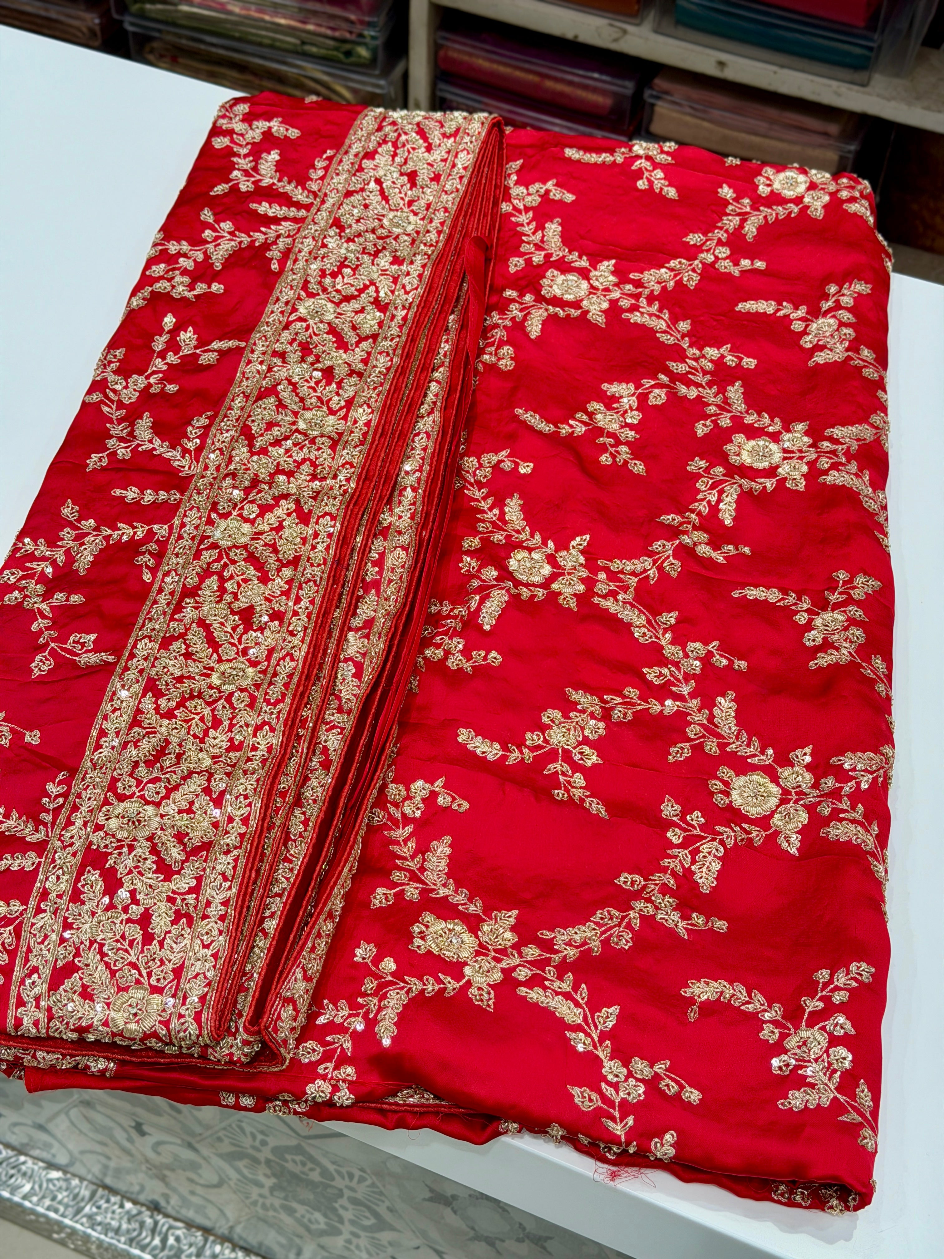 Red Pure Satin Silk Zardosi Hand Embroidery Jaal Saree