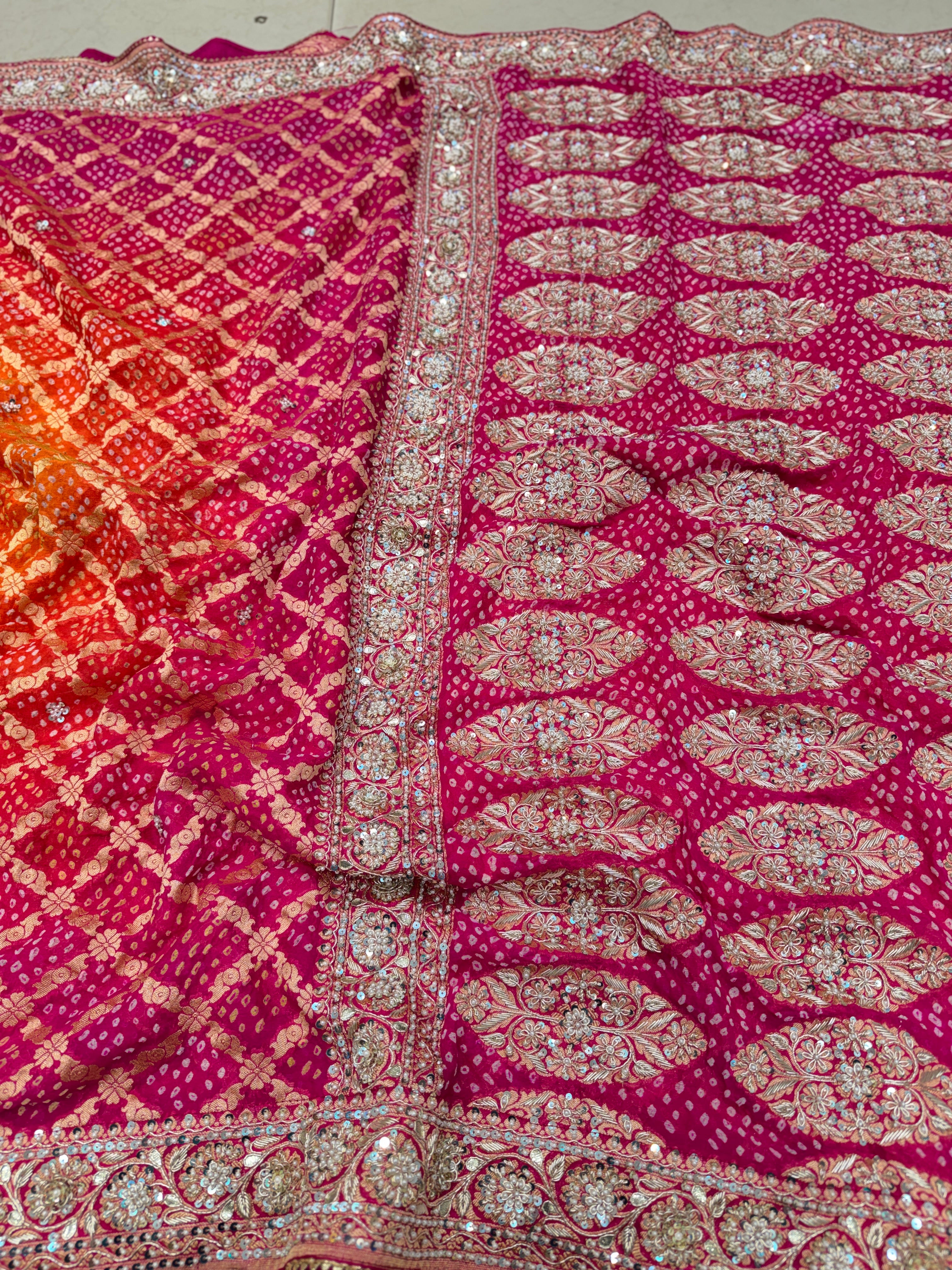 Orange Rani Shaded Bandhej Zardosi Embroidery Saree